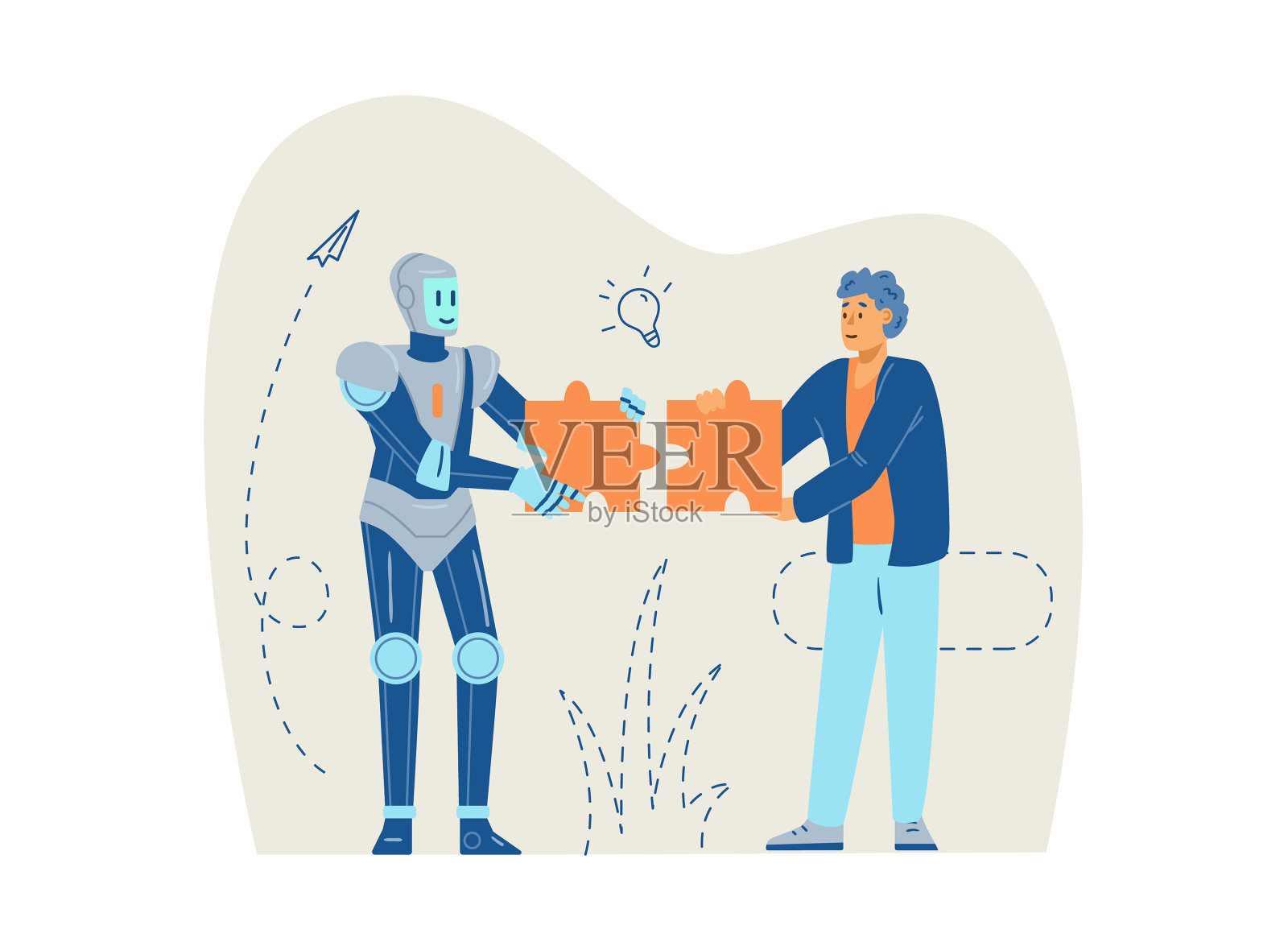 机器人和人一起平解拼图设计元素图片