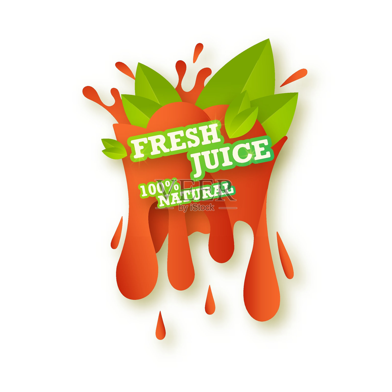 果汁新鲜水果标签图标概念。多汁的水滴和绿叶。草莓健康果汁设计贴纸。向量孤立的插图。插画图片素材