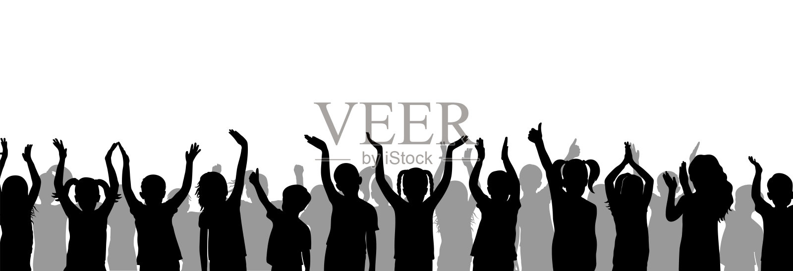 一群欢快的孩子。致敬、鼓掌、竖起大拇指的剪影。矢量图插画图片素材