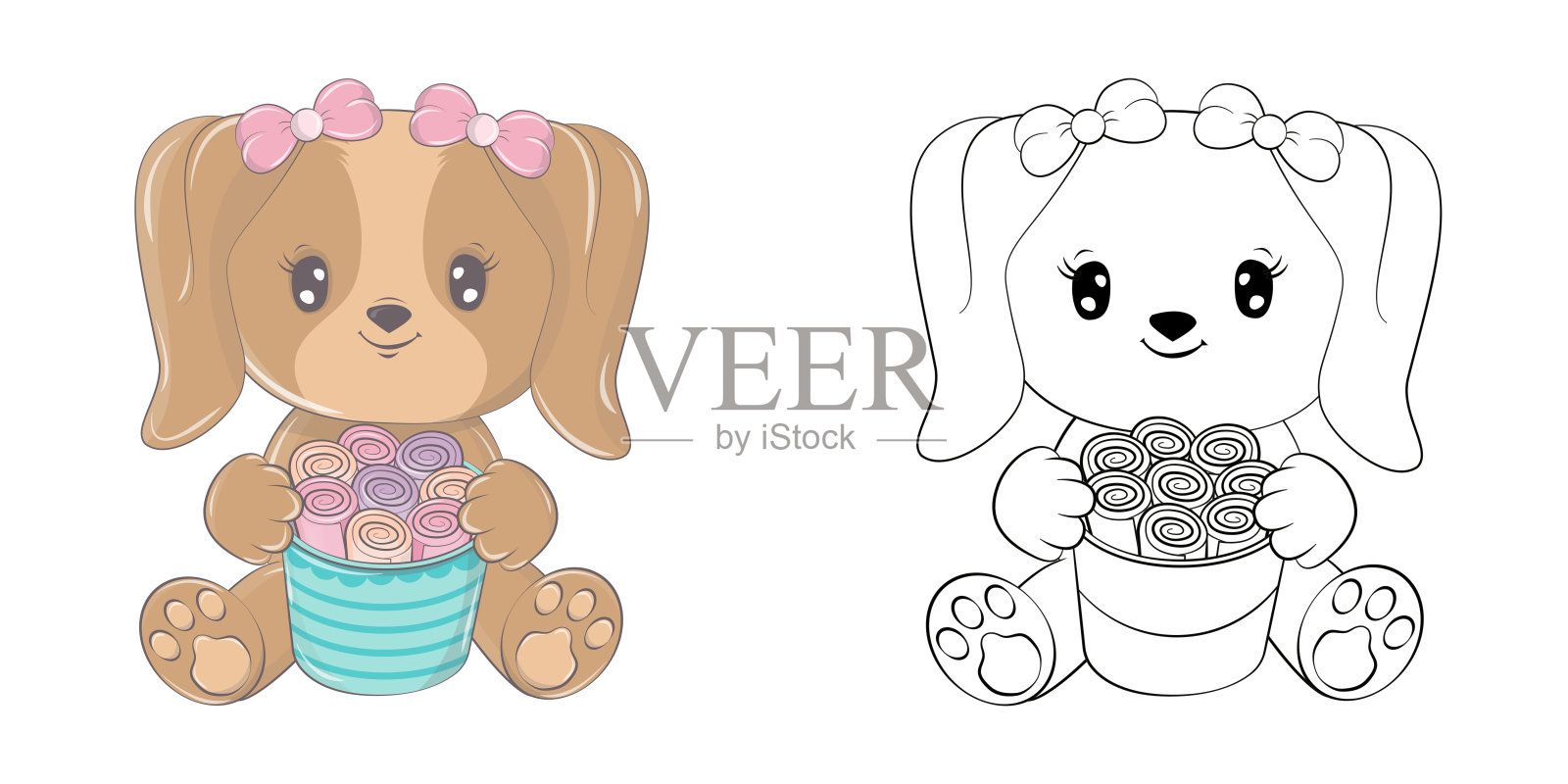 可爱的Clipart狗插图和着色页。卡通夹艺术狗和卷冰淇淋。插画图片素材
