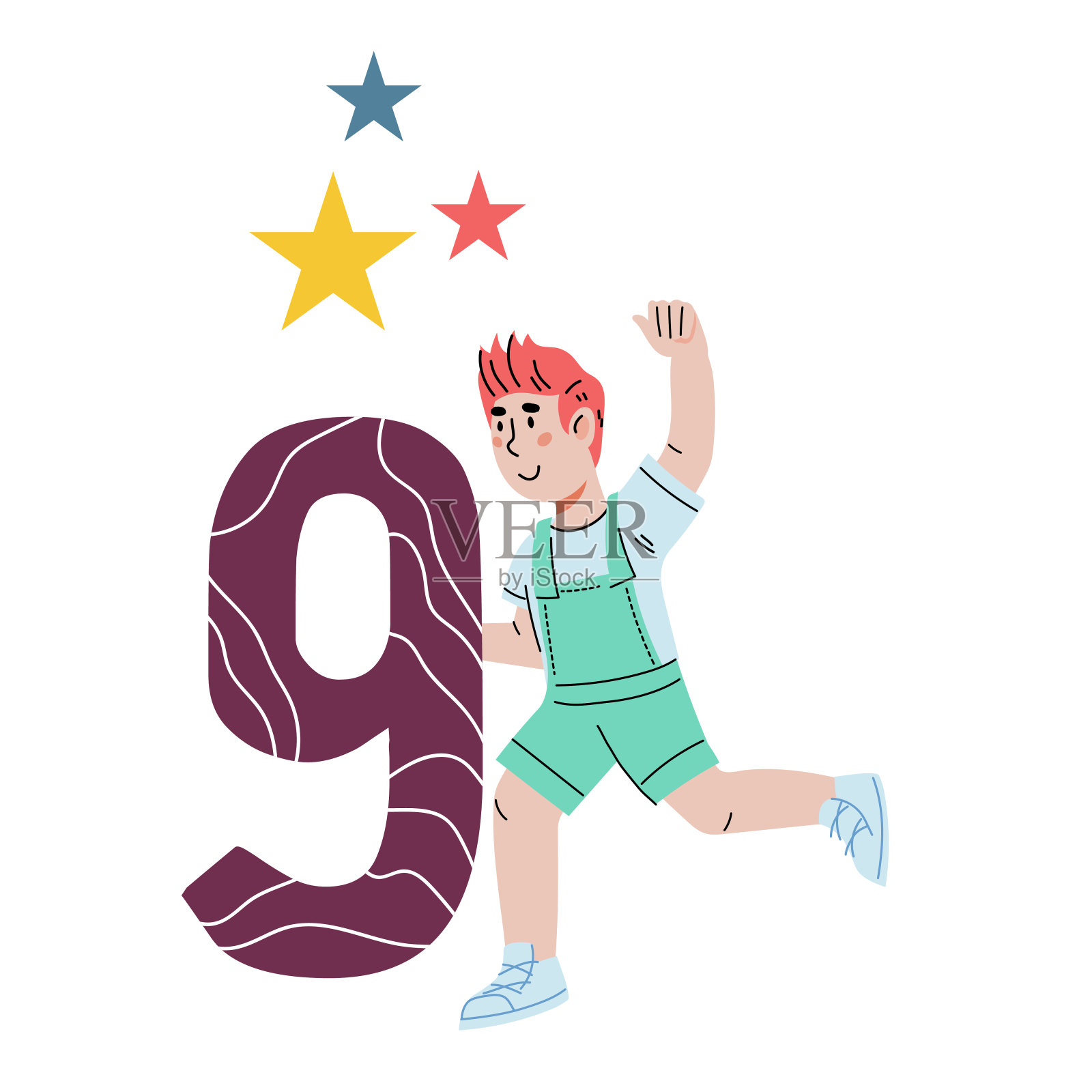 孩子与九号，平面卡通矢量插图孤立在白色。插画图片素材