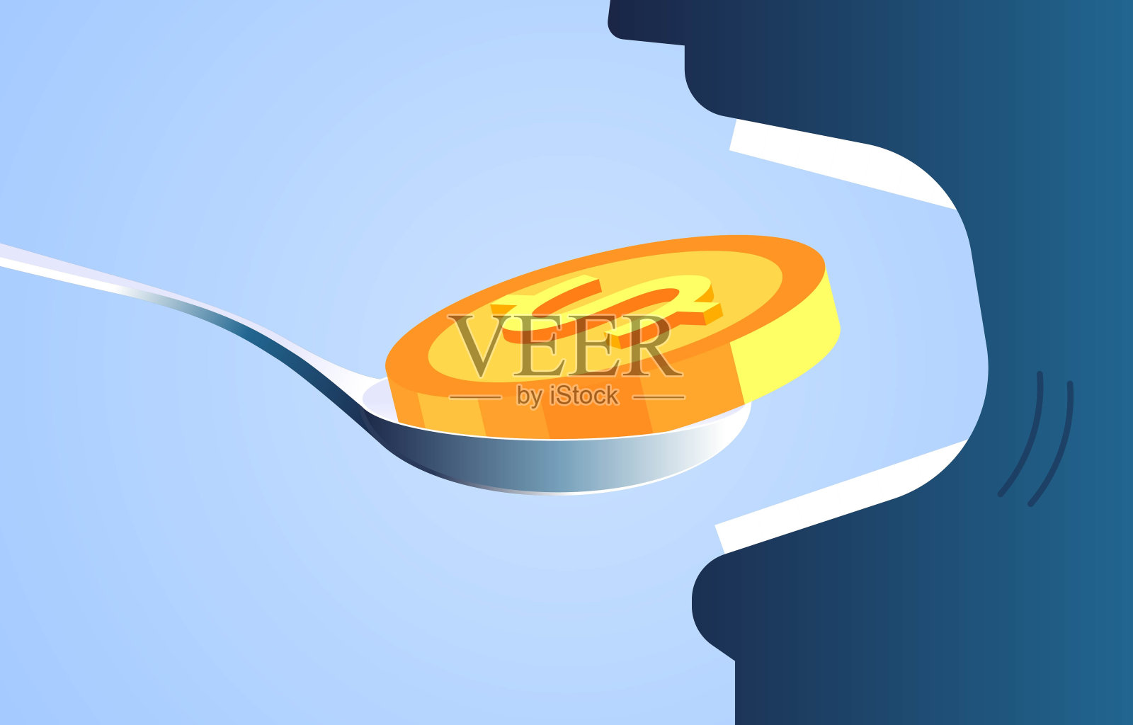 勺子喂金币钱要张嘴，吃钱的人，贪财的人插画图片素材