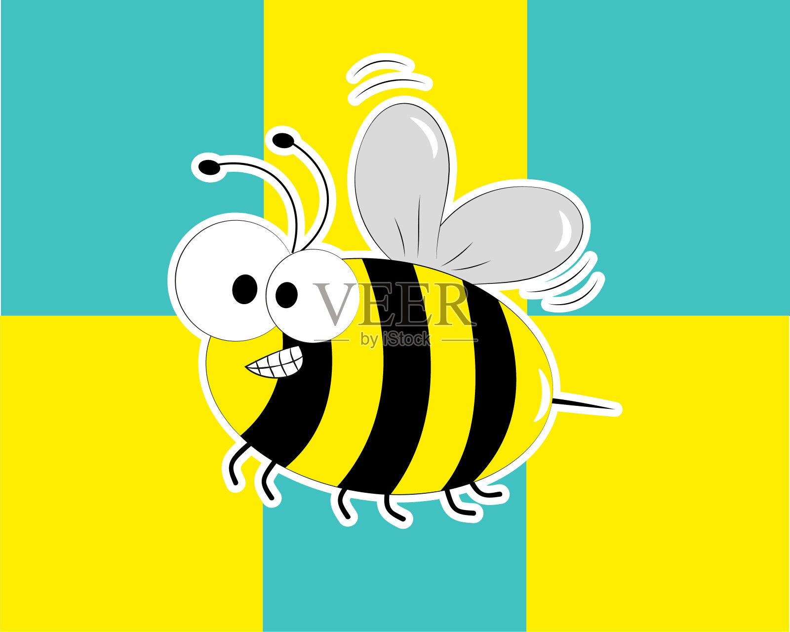可爱的微笑蜜蜂孤立在绿松石和黄色的背景。插画图片素材