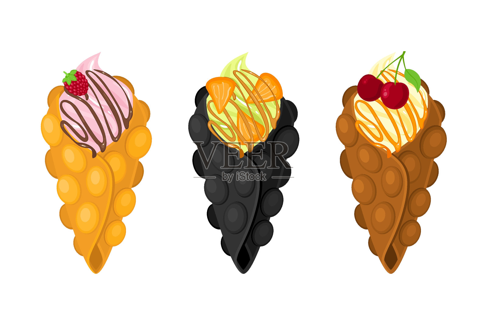 不同口味的泡沫华夫饼:覆盆子，橙果，木炭。插画图片素材