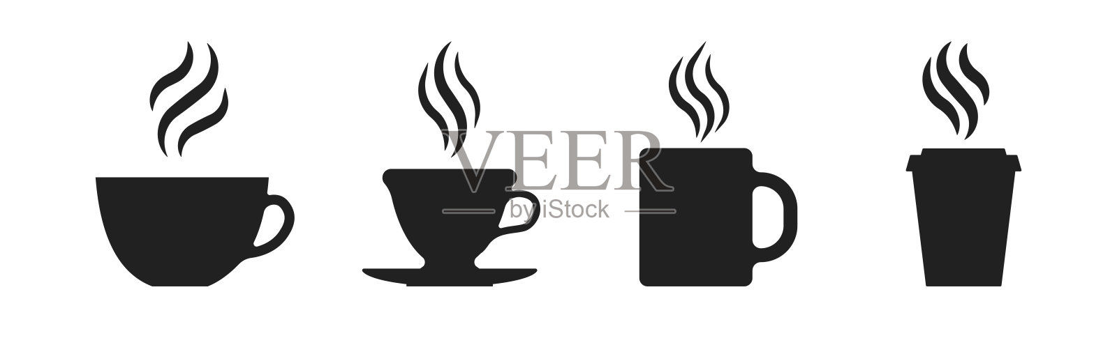 咖啡和茶杯图标设置与蒸汽。图标用于标志，访问卡等。向量EPS 10图标素材