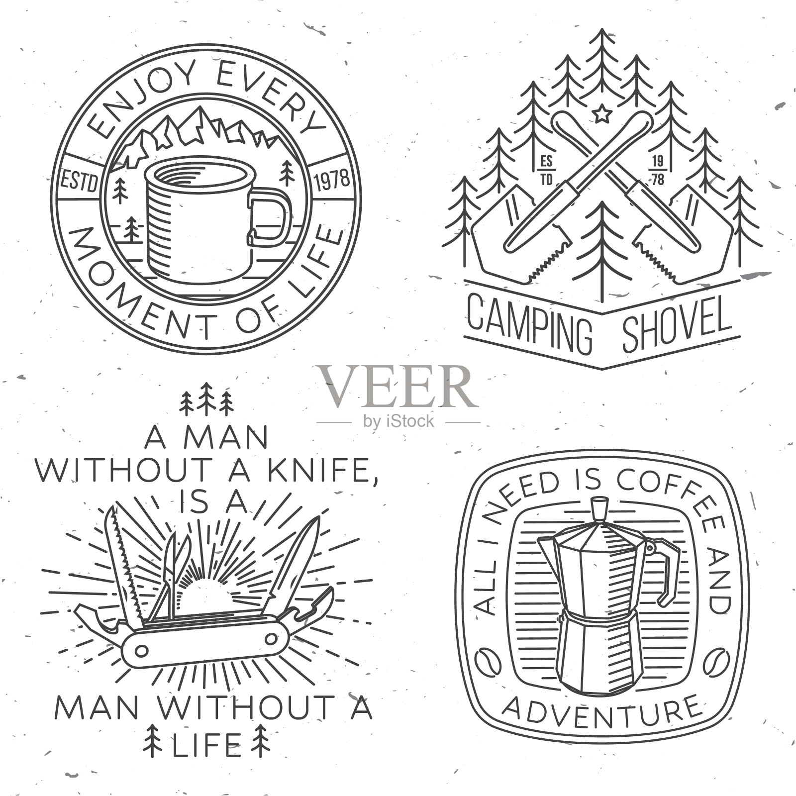 一套旅行励志名言。向量。复古的线条艺术设计复古的露营茶壶，口袋刀，露营帐篷和马克杯。野营报价。设计元素图片