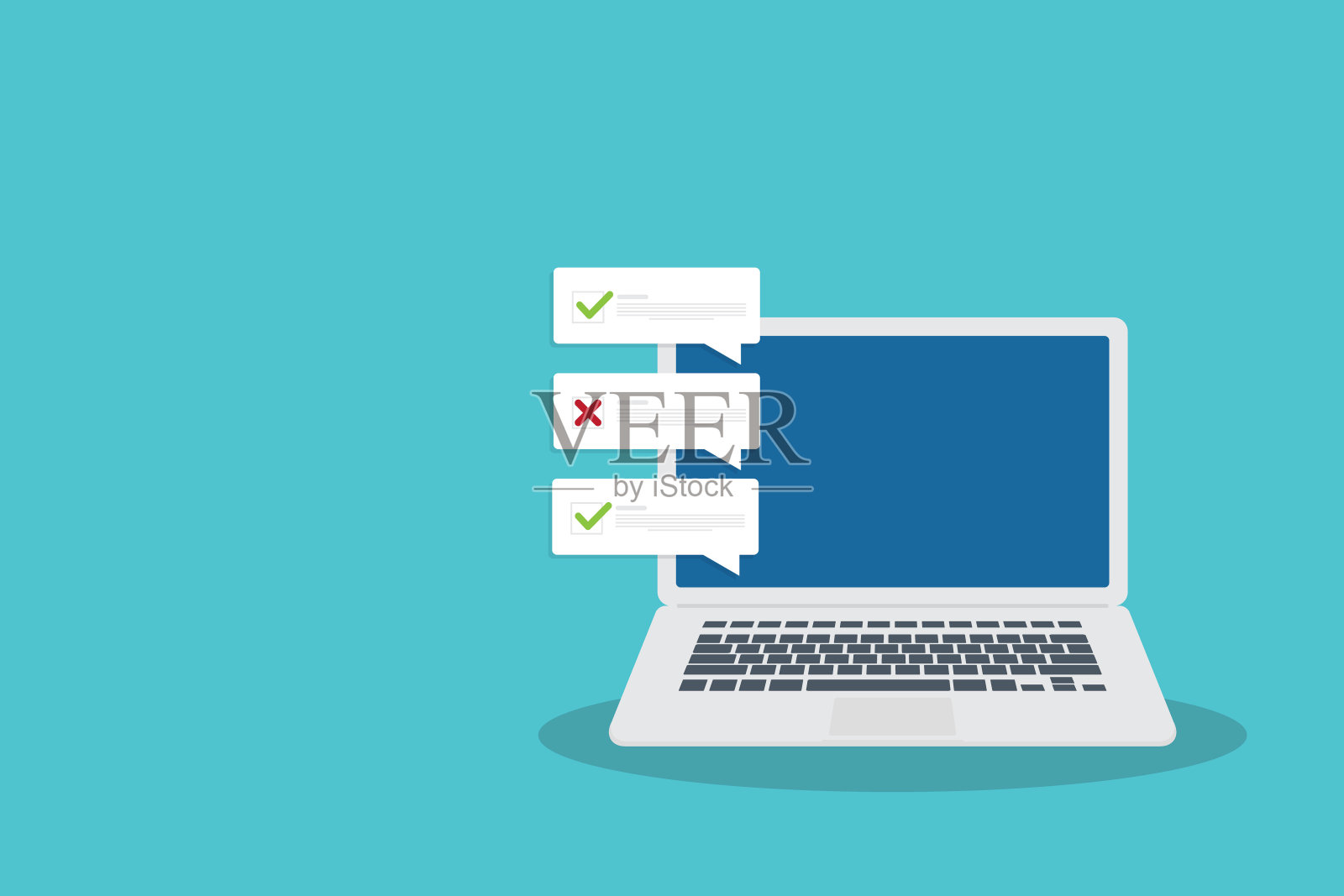 检查清单文件的笔记本电脑，笔记本电脑与检查清单和与复选框做清单，调查的概念，在线测试，完成的事情或做测试，反馈。插画图片素材