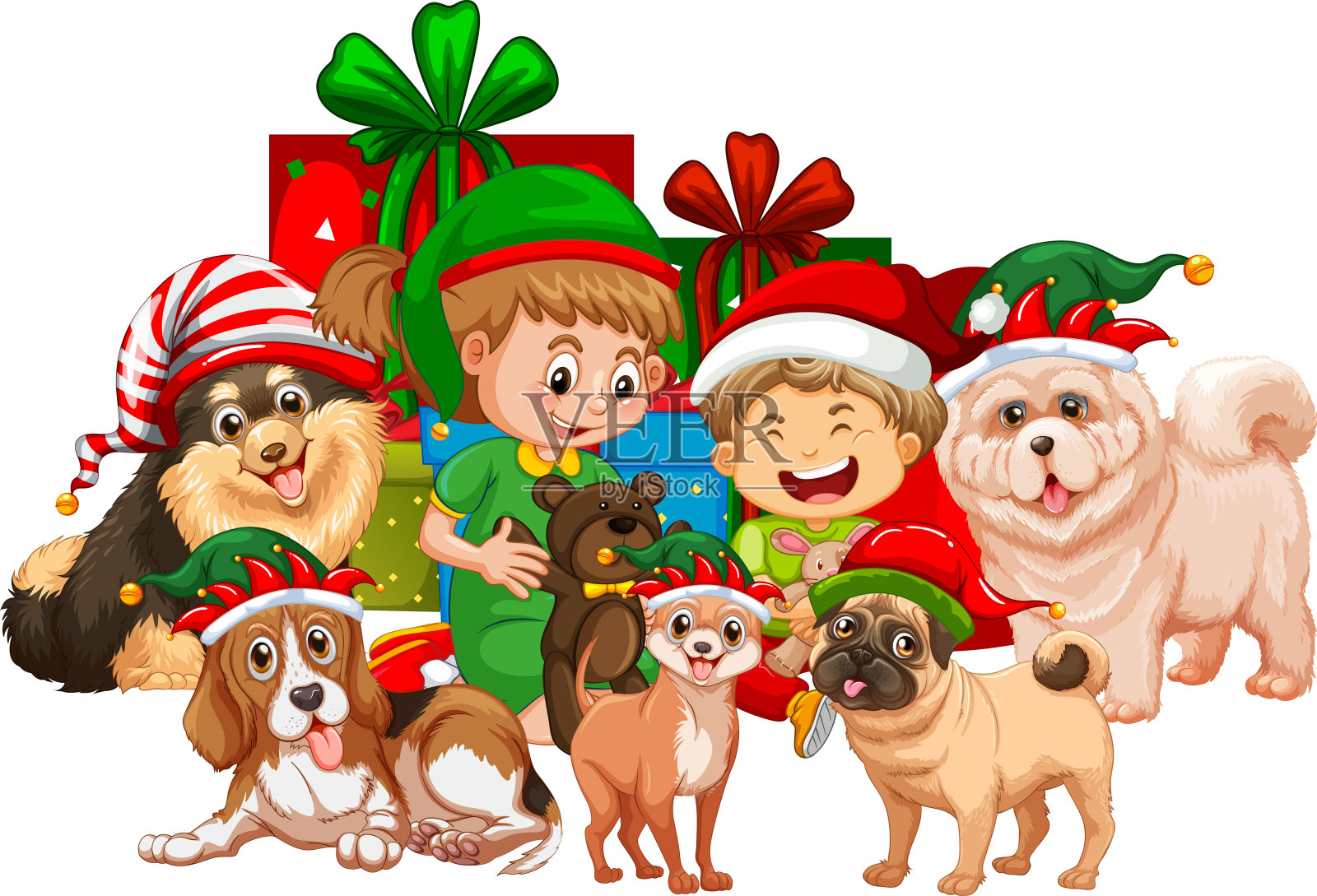一群孩子和他们的狗与圣诞元素的白色背景插画图片素材