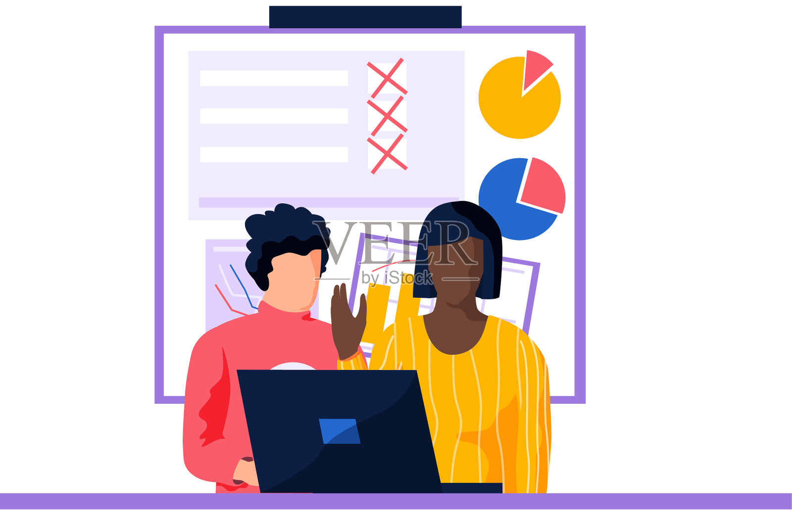 使用笔记本电脑的人在工作时使用海报上的饼状图设计元素图片