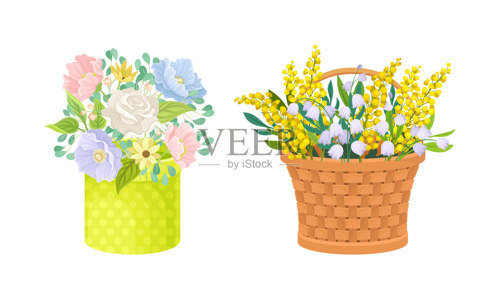 美丽的春天花朵在盒子和篮子套插画图片素材