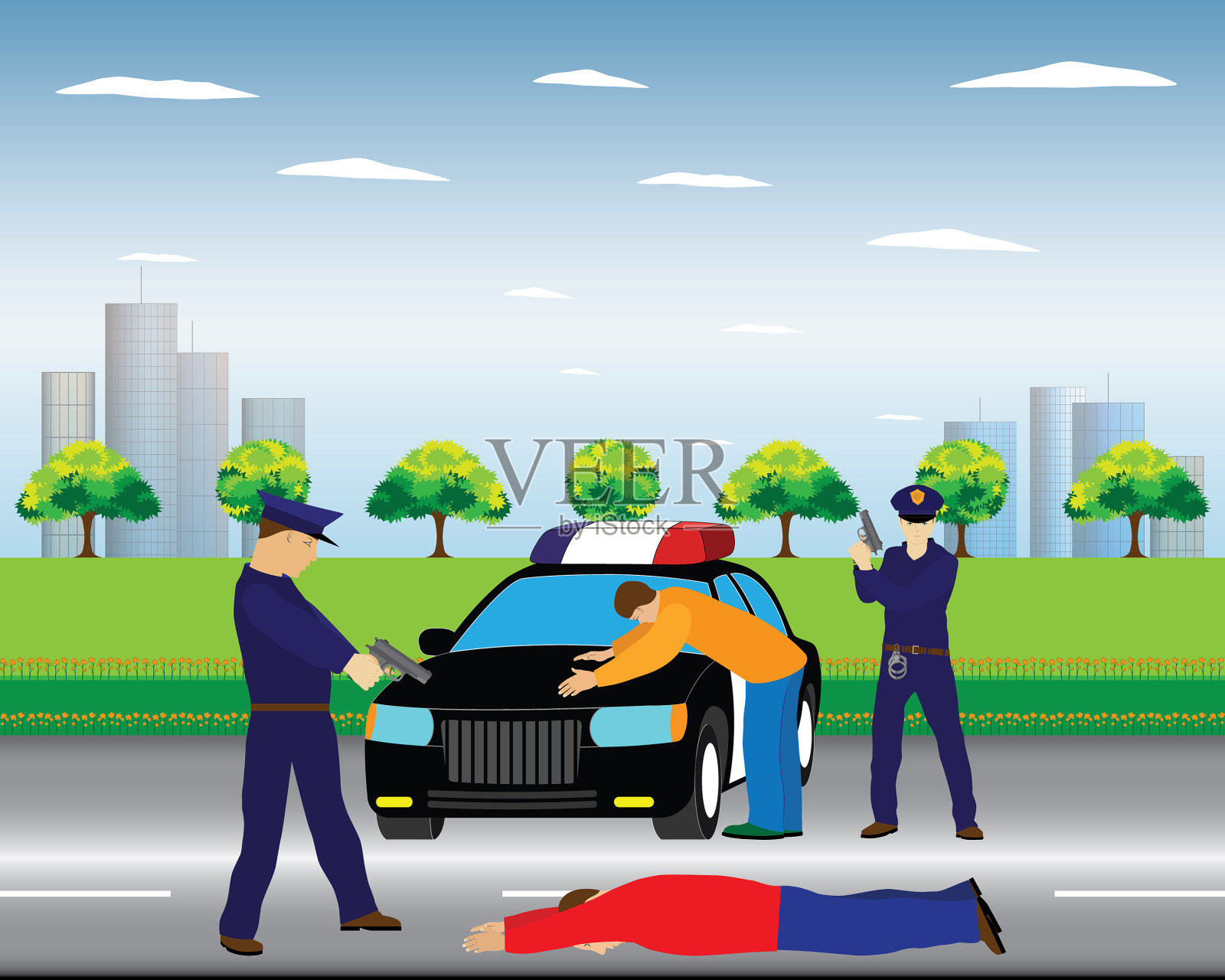 警察和被拘留的罪犯插画图片素材