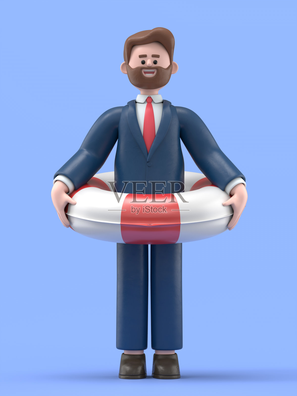 带着救生圈的微笑商人鲍勃的3D插图。白底3D渲染。照片摄影图片