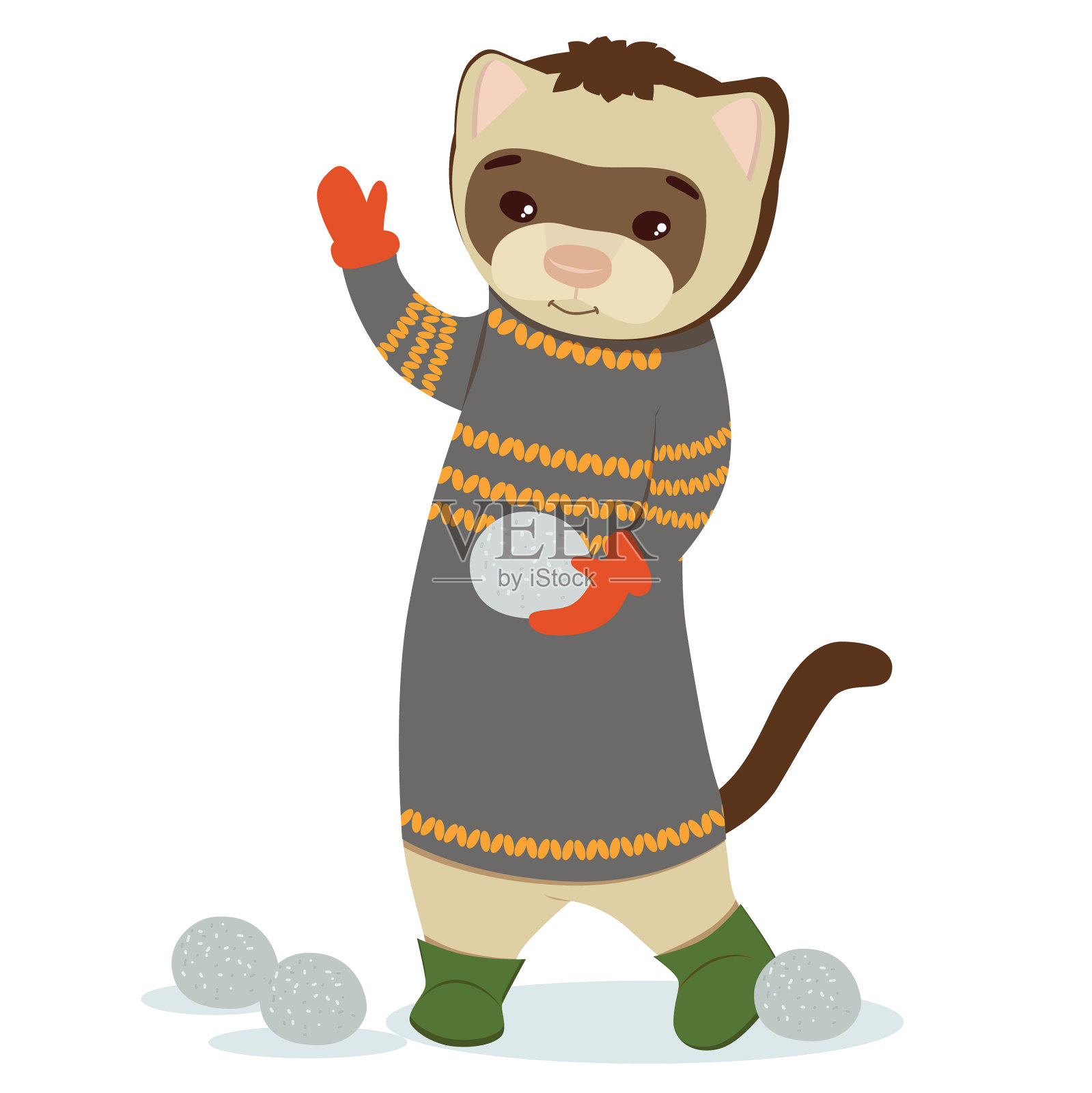 卡通动物雪貂在冬天玩雪球设计元素图片