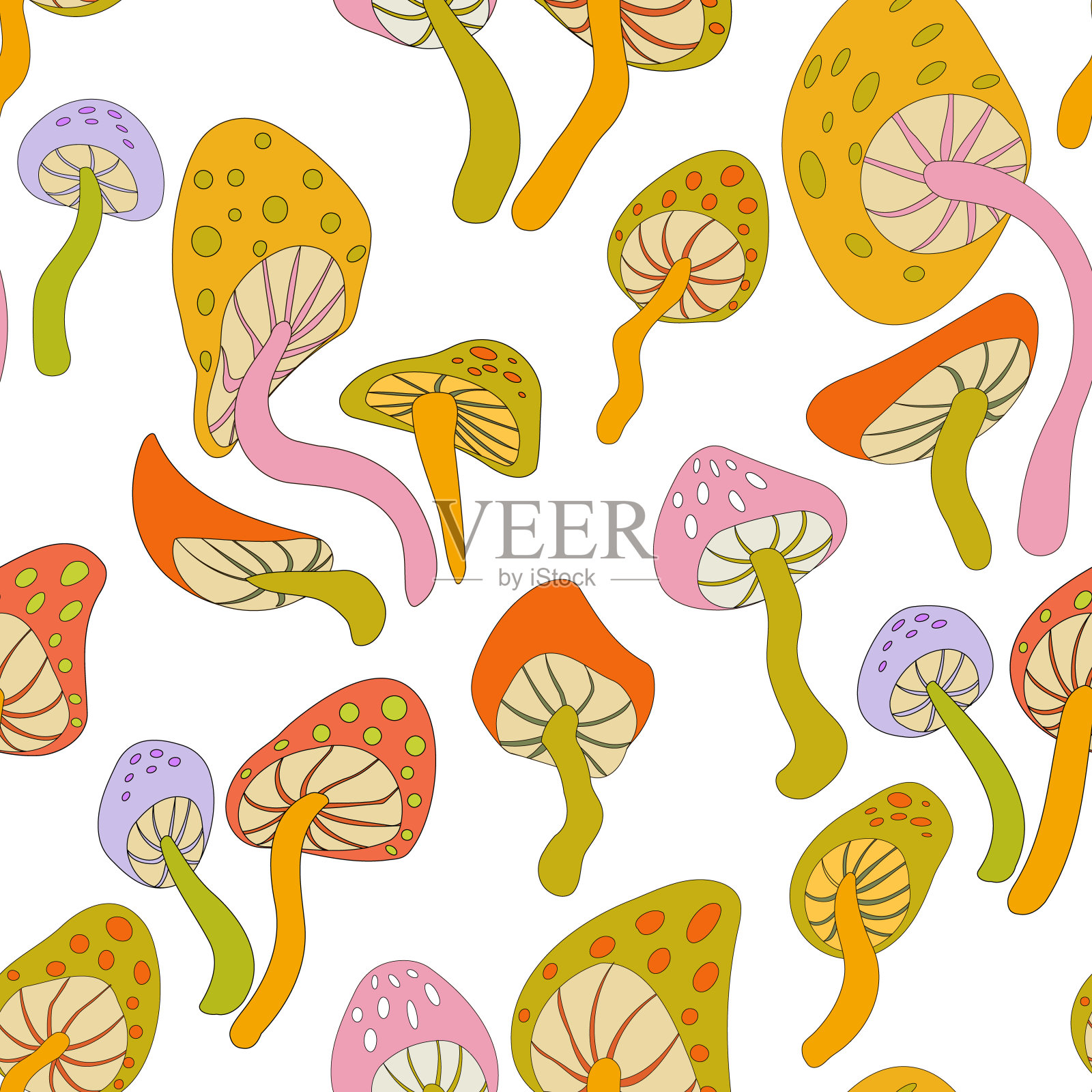 迷幻迷幻的蘑菇无缝图案。迷幻的60年代蘑菇大麻无尽的图案在白色的背景插画图片素材