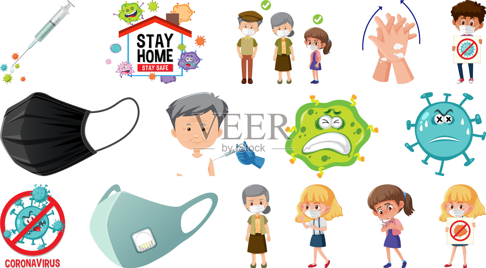 卡通人物和冠状病毒疫苗设计元素图片