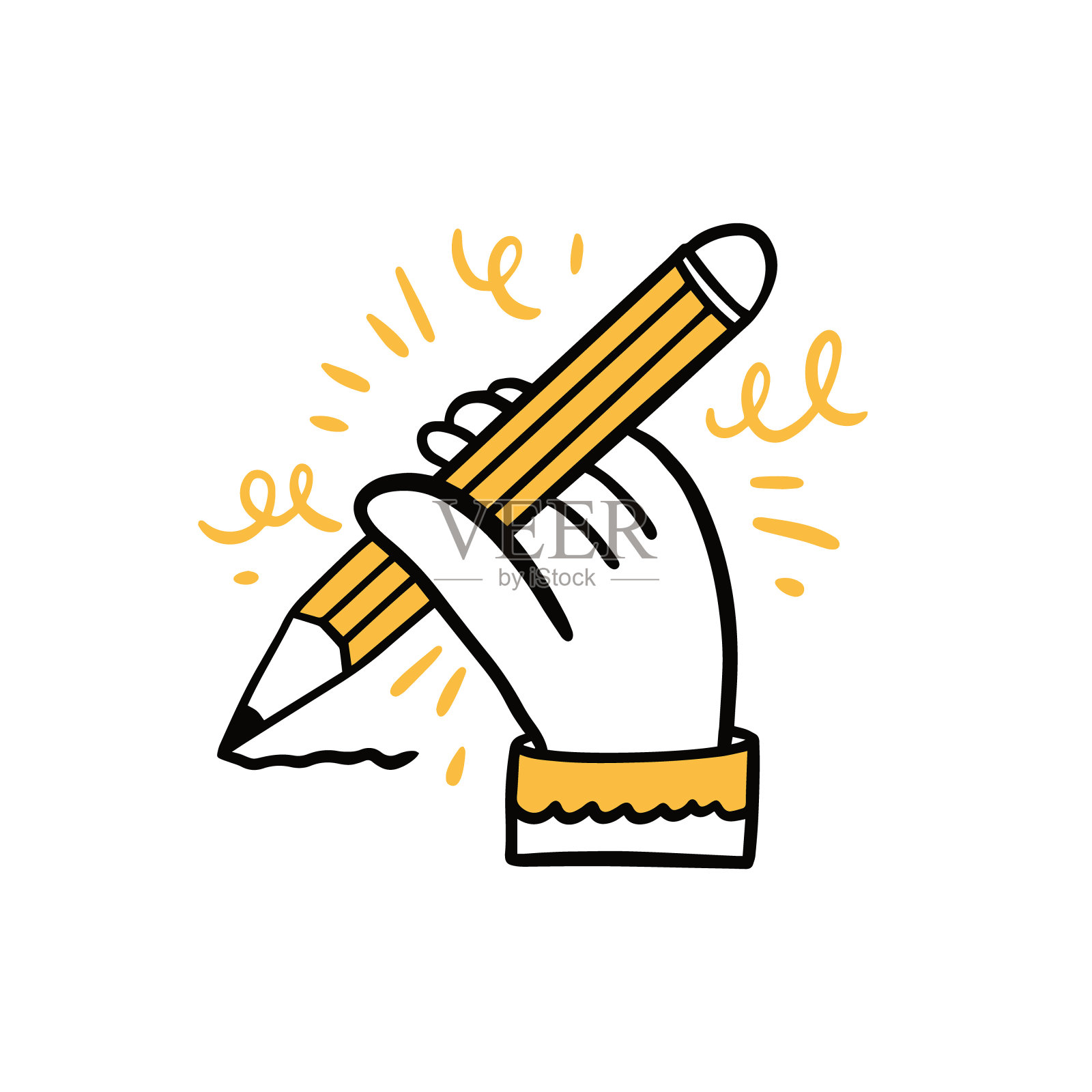 手与铅笔图标。手绘涂鸦卡通风格。插画图片素材