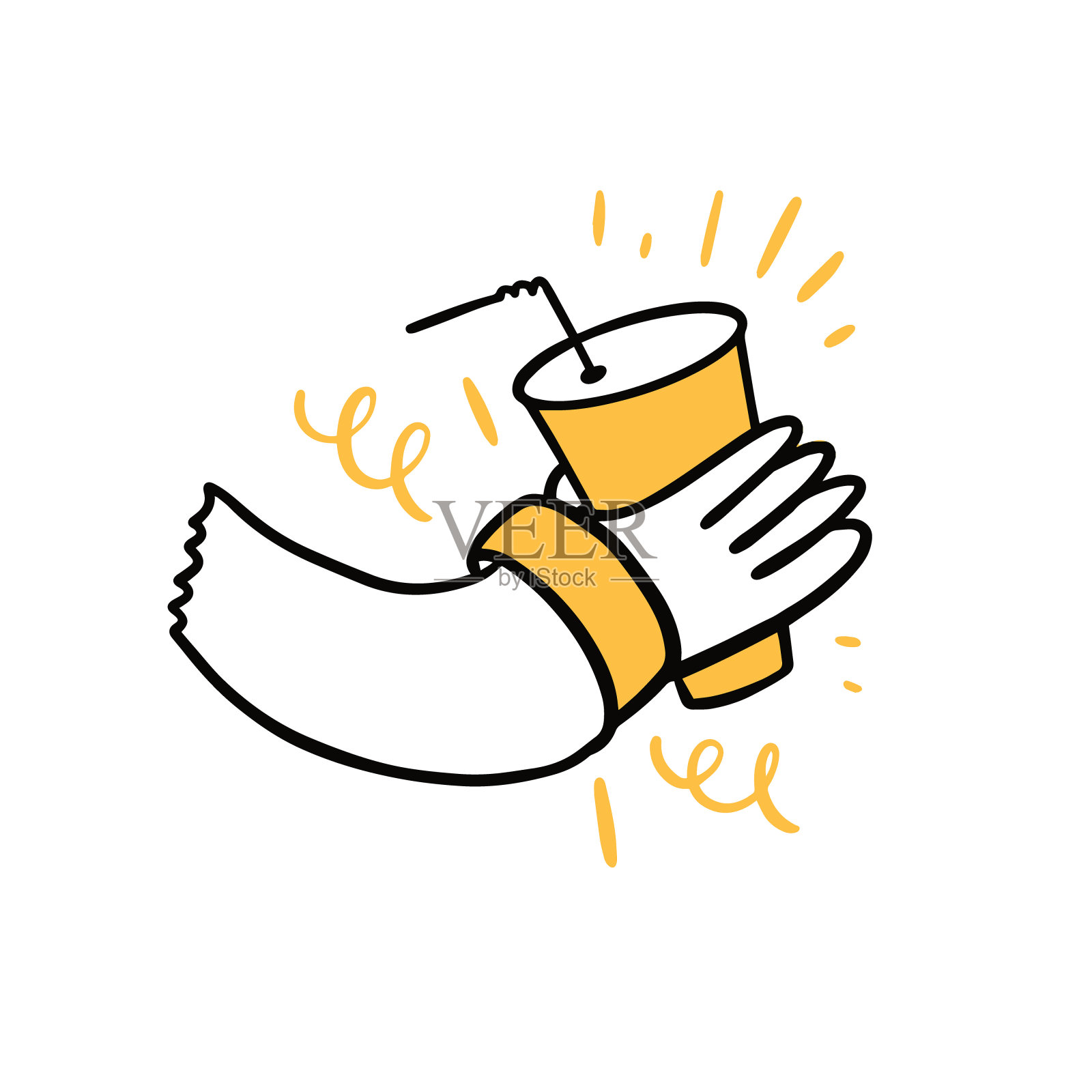 手拿咖啡带走。手绘彩色涂鸦图标。插画图片素材