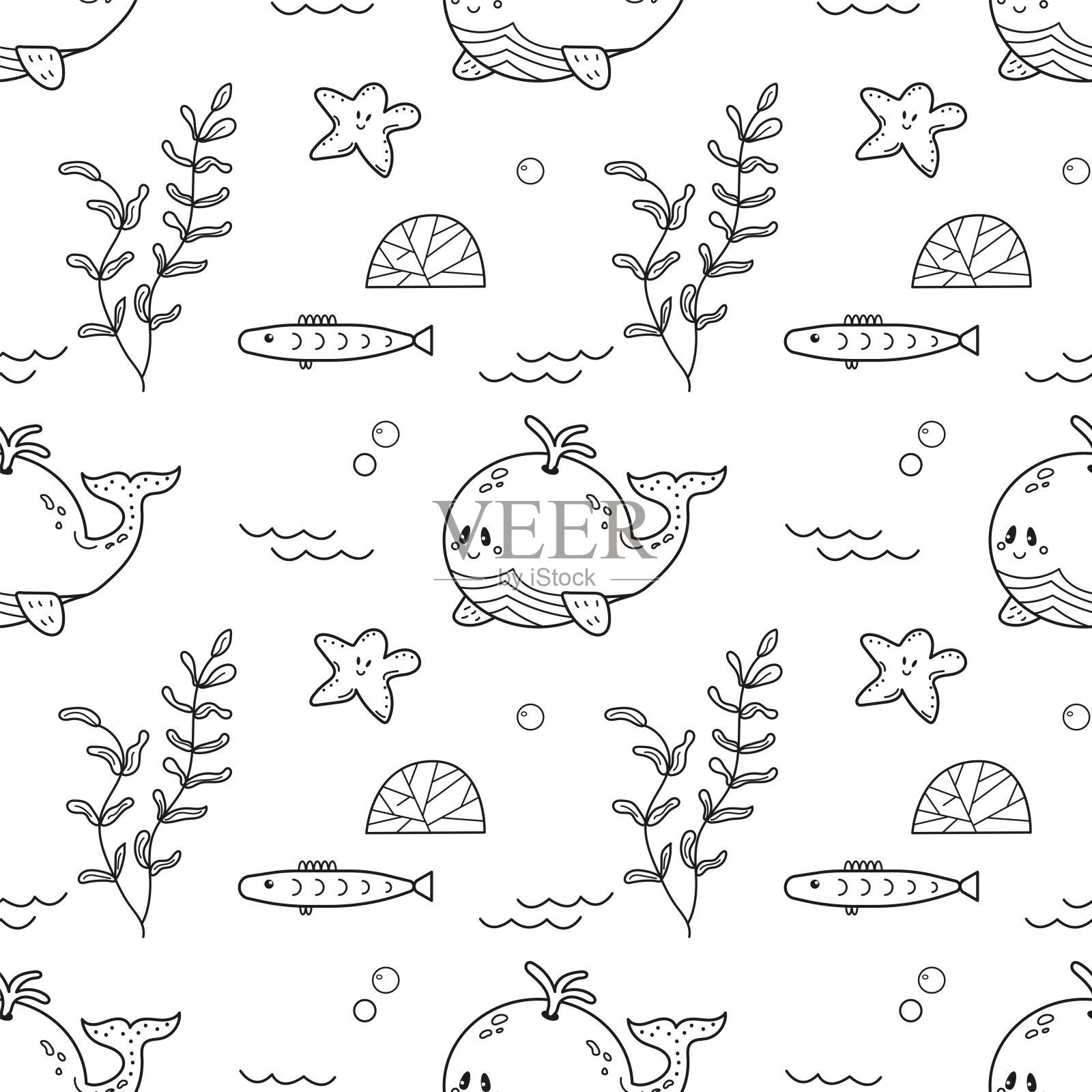 可爱无缝图案的海洋世界，鲸鱼，鱼，海星，海洋植物插画图片素材