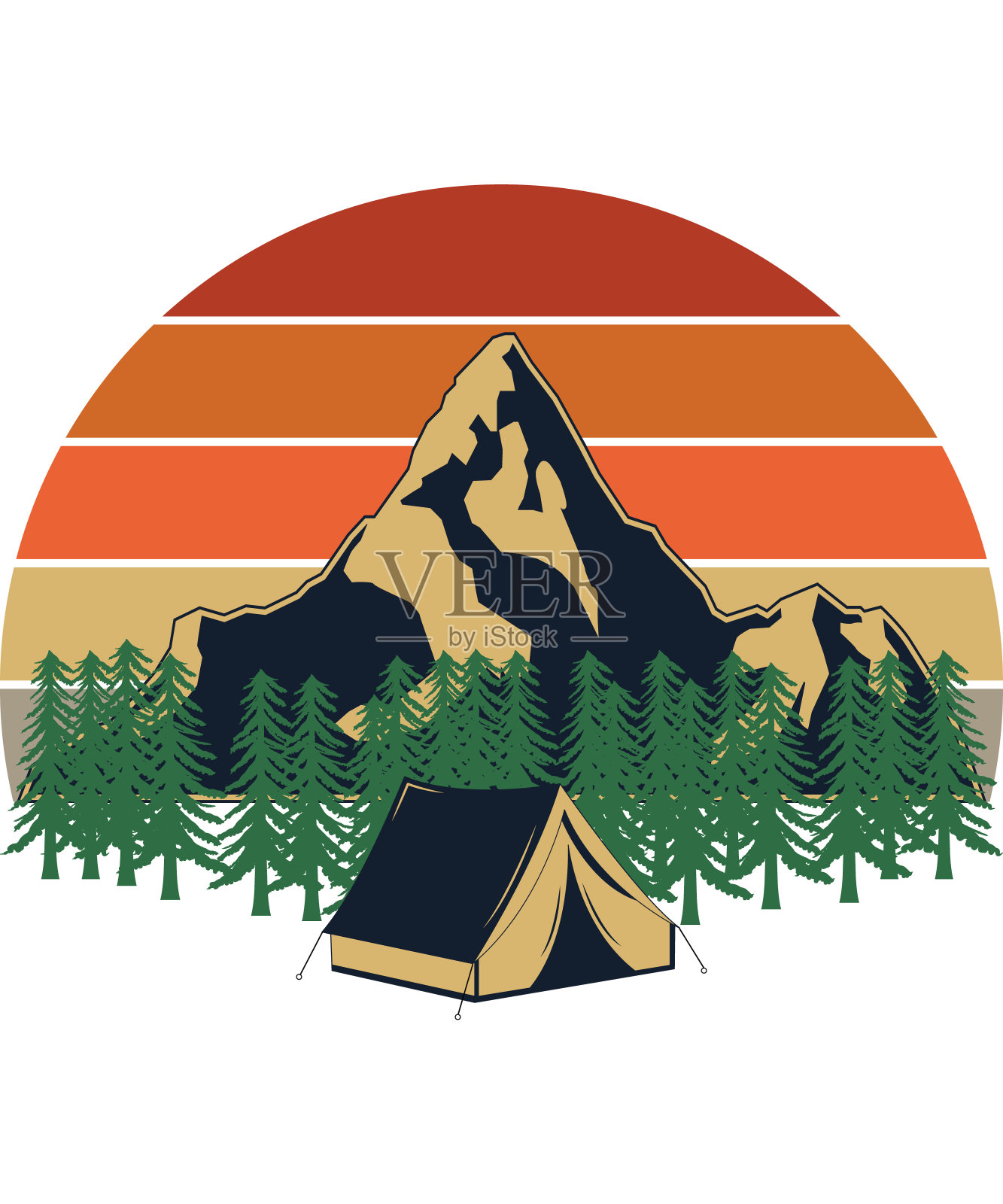 有山和野营帐篷的复古日落插画图片素材