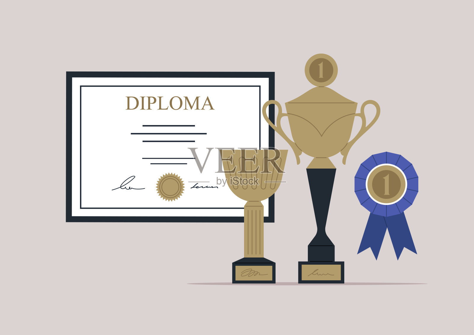 一套优胜者，一份装裱好的证书，各种各样的金杯，还有一枚带蓝色蝴蝶结的金牌插画图片素材