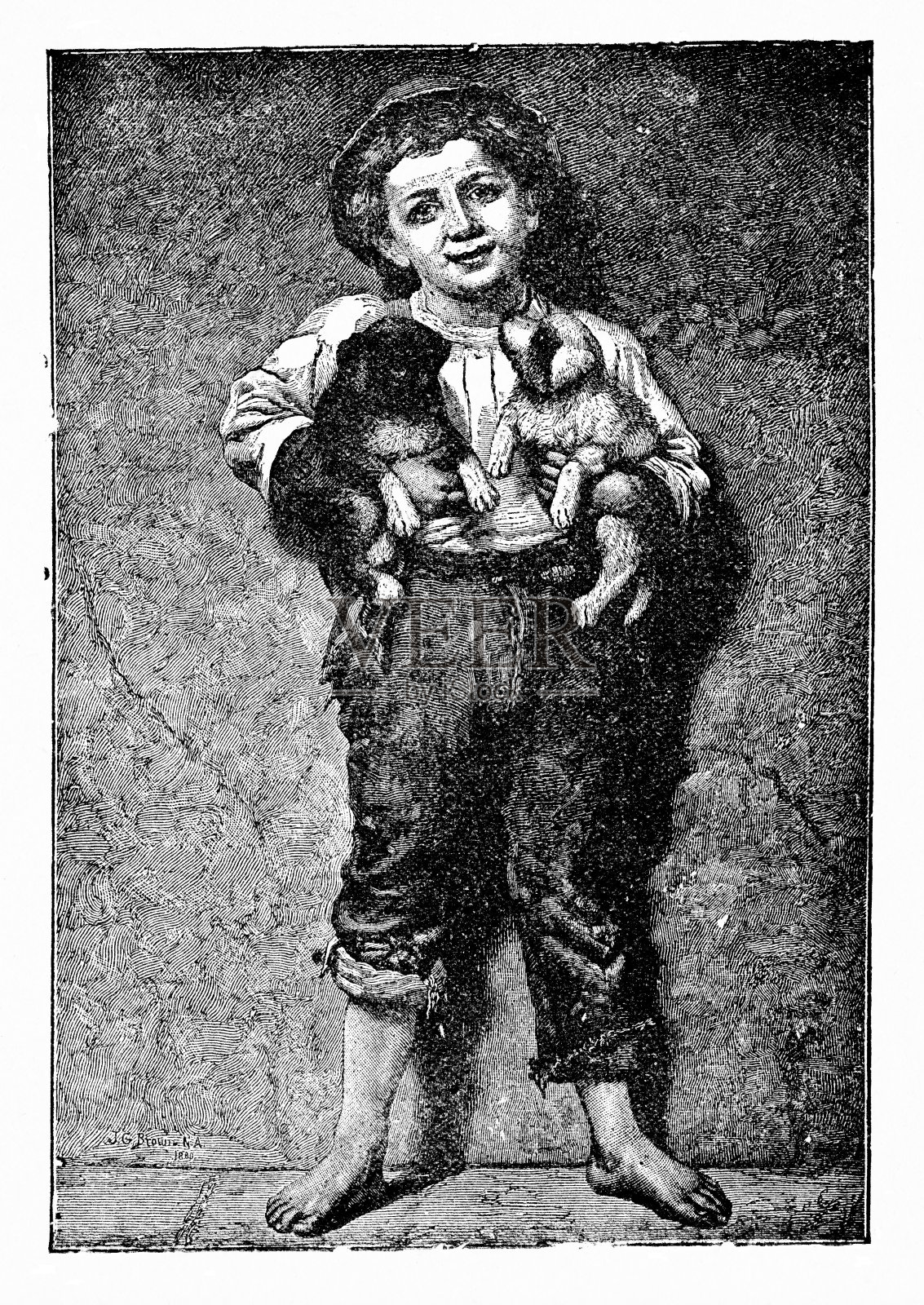 一个男孩抱着两只小狗插画图片素材