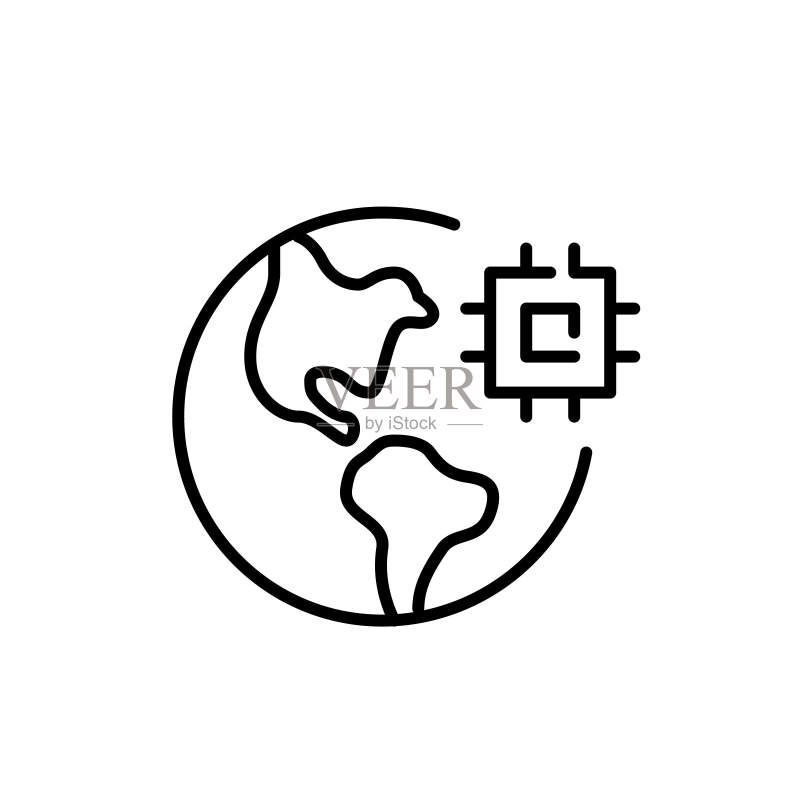 全球数字化进程。地球与CPU芯片。像素完美，可编辑的笔画线图标插画图片素材