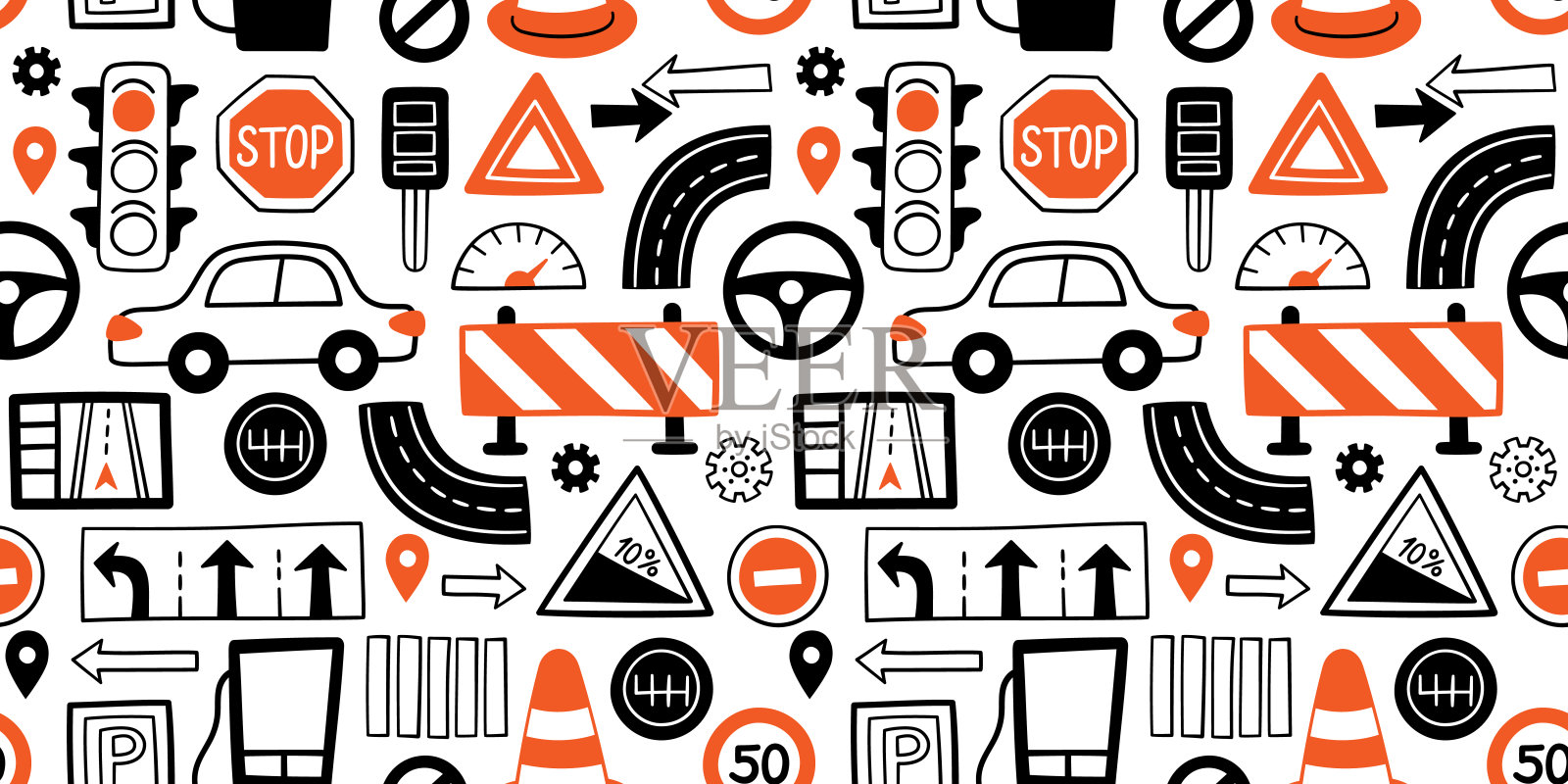 手绘驱动符号无缝图案。涂鸦汽车、道路物体、交通标志和汽车符号。矢量插图驾驶学校汽车配件商店，服务中心在白色背景插画图片素材