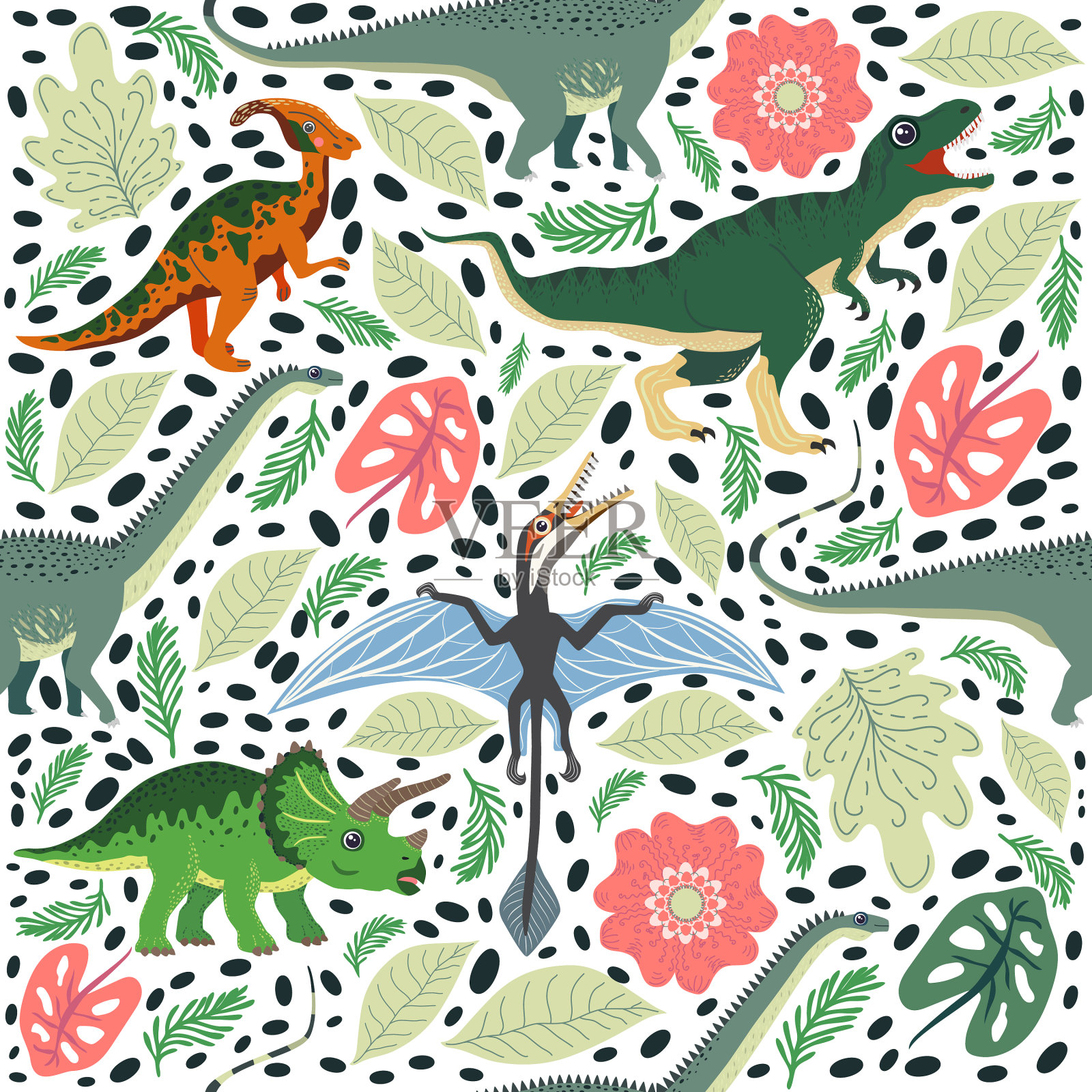 手绘无缝图案与恐龙和插画图片素材