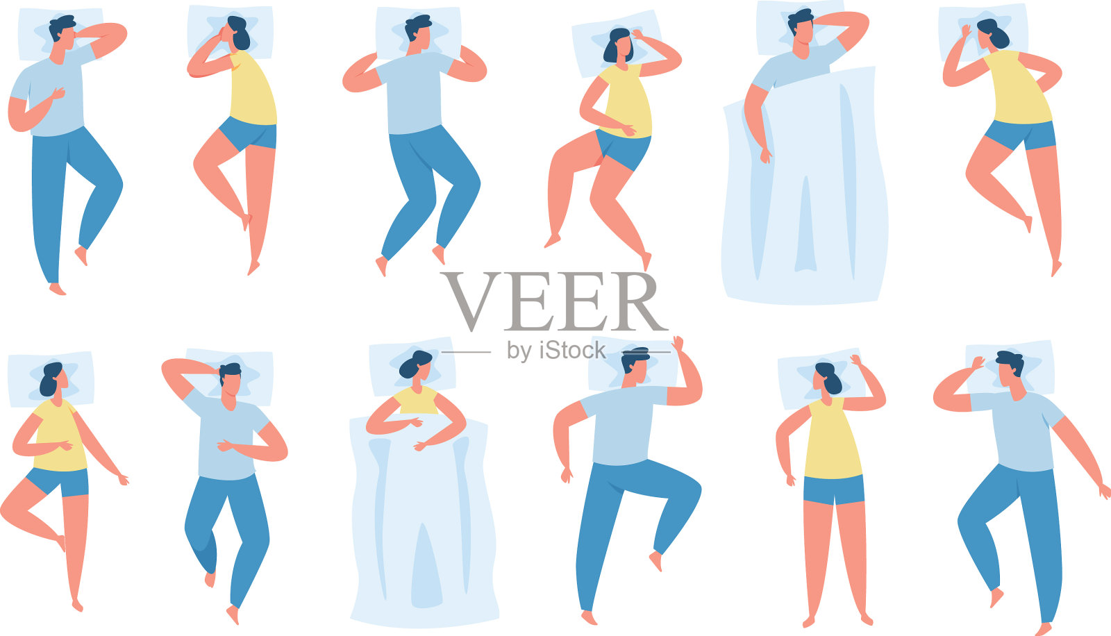 不同睡姿的人物插画图片素材