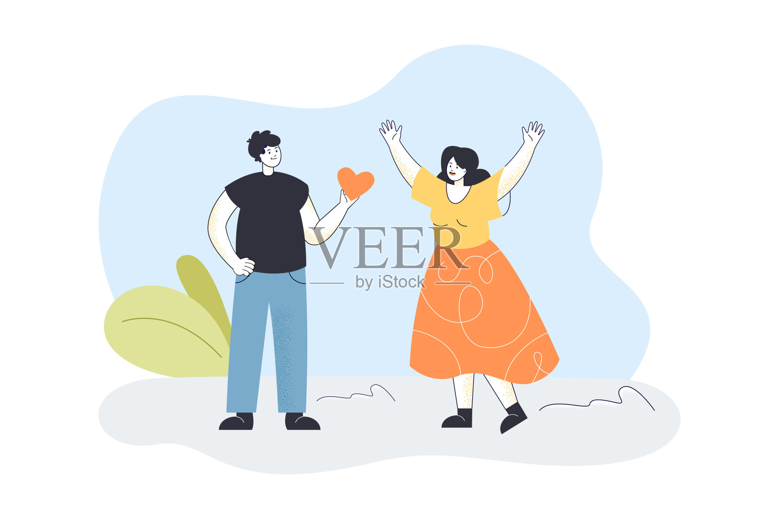 约会时，男子向快乐的年轻女子赠送红心插画图片素材