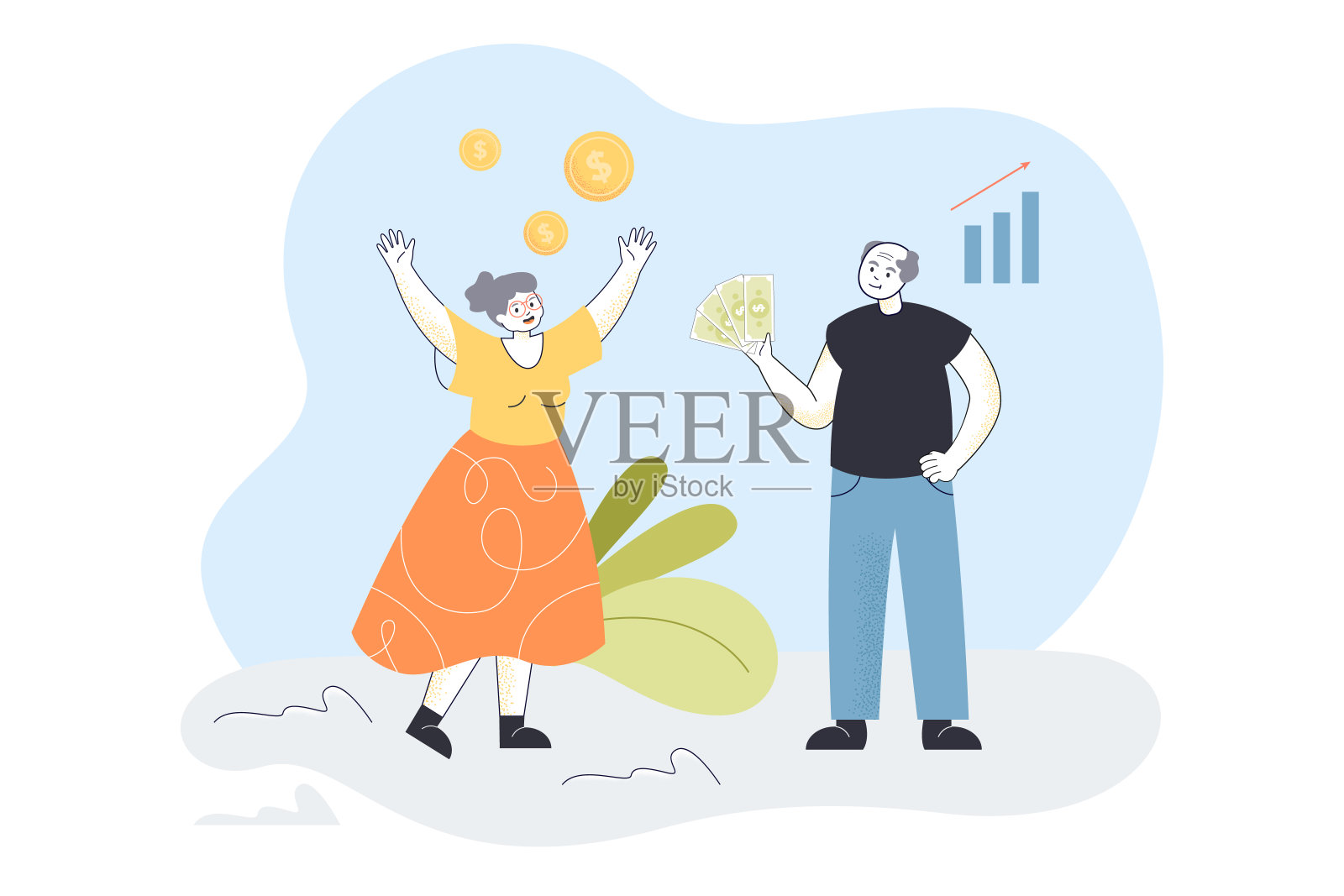 快乐的爷爷奶奶庆祝收入增长插画图片素材