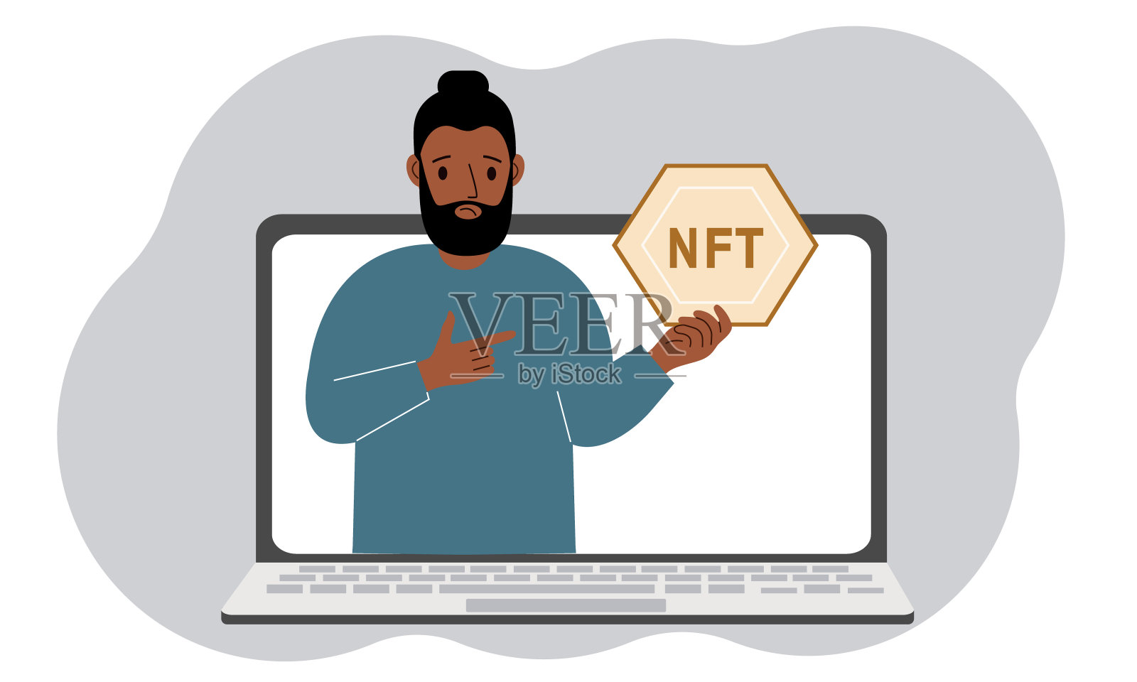 非功能性测试的概念。一台笔记本电脑，里面有一个手掌上有NFT图像的人。拍卖不可替代的代币、市场、在线教育。插画图片素材