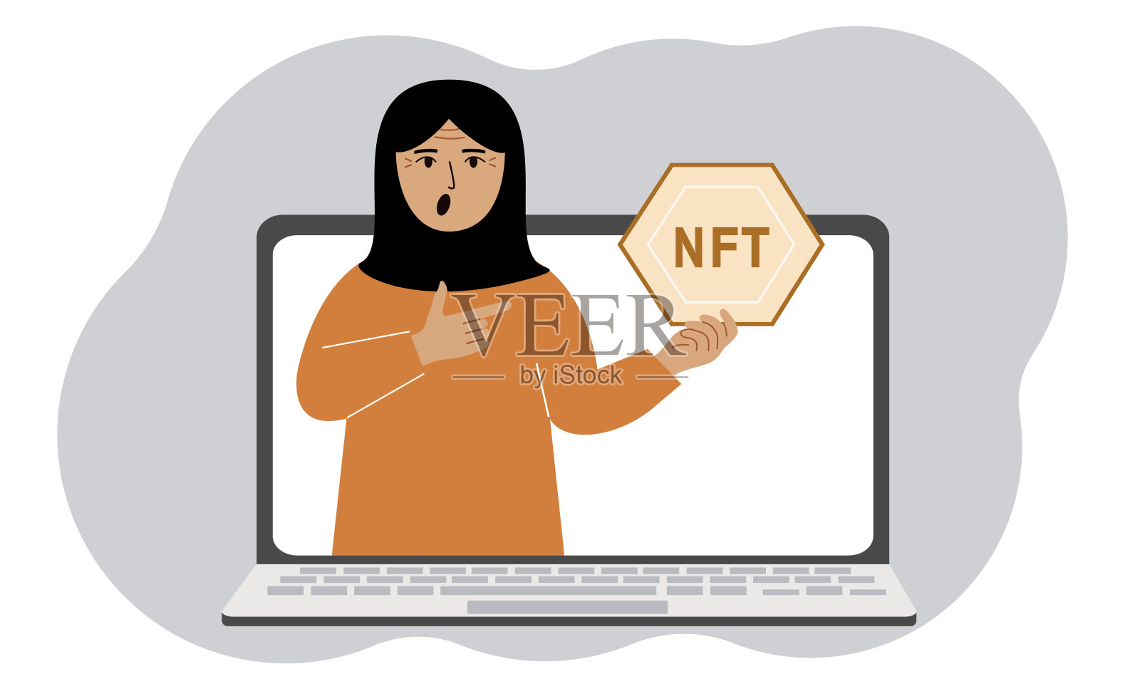 非功能性测试的概念。一个手提电脑，里面有一个穆斯林女人，他的手掌里有NFT的图像。拍卖不可替代的代币、市场、在线教育。插画图片素材
