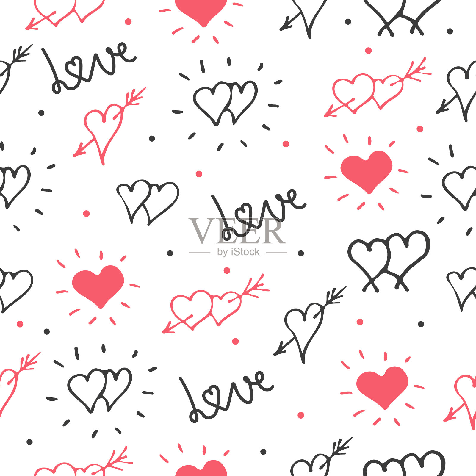 手绘涂鸦红色和黑色的心与文字插画图片素材