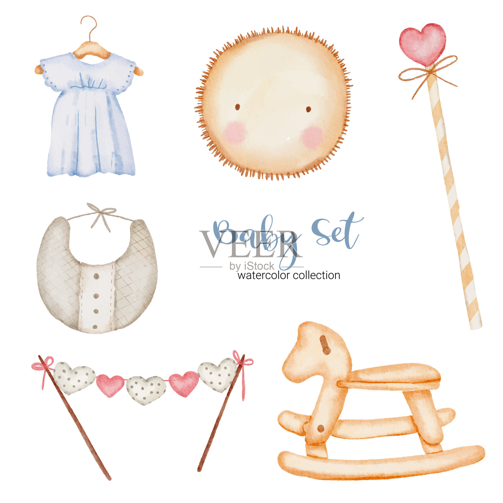 一套美丽的独立部分的衣服，婴儿项目和玩具在水彩插画图片素材