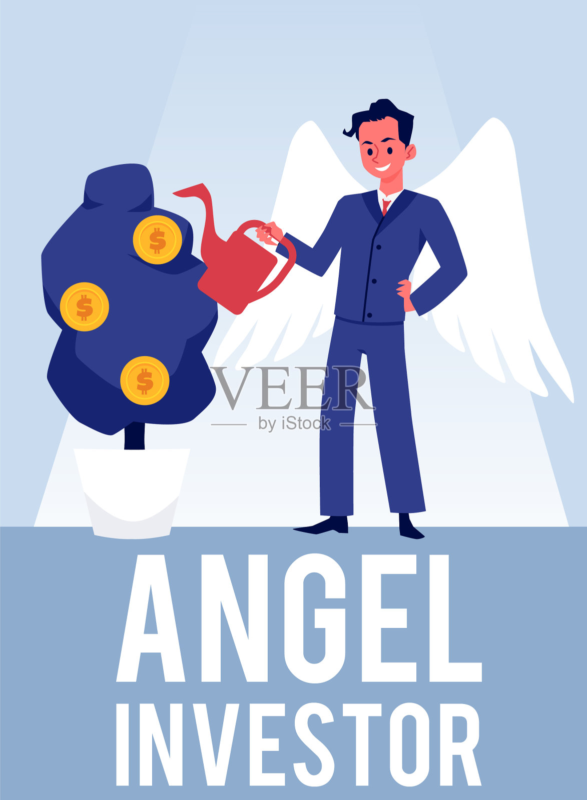 穿着西装浇钱的长着翅膀的男性插画图片素材