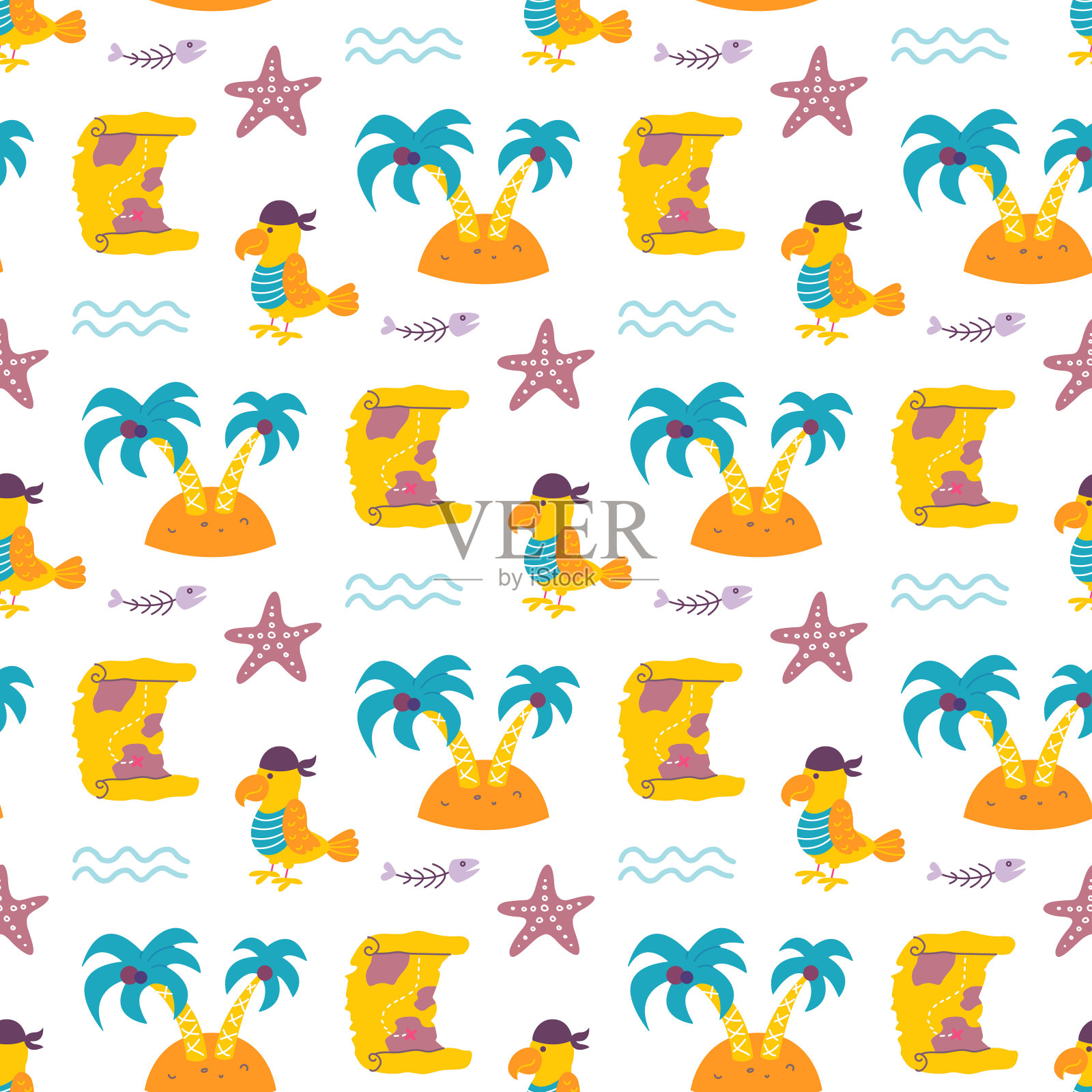 矢量无缝模式与海盗鹦鹉，一个岛屿，白底藏宝图插画图片素材