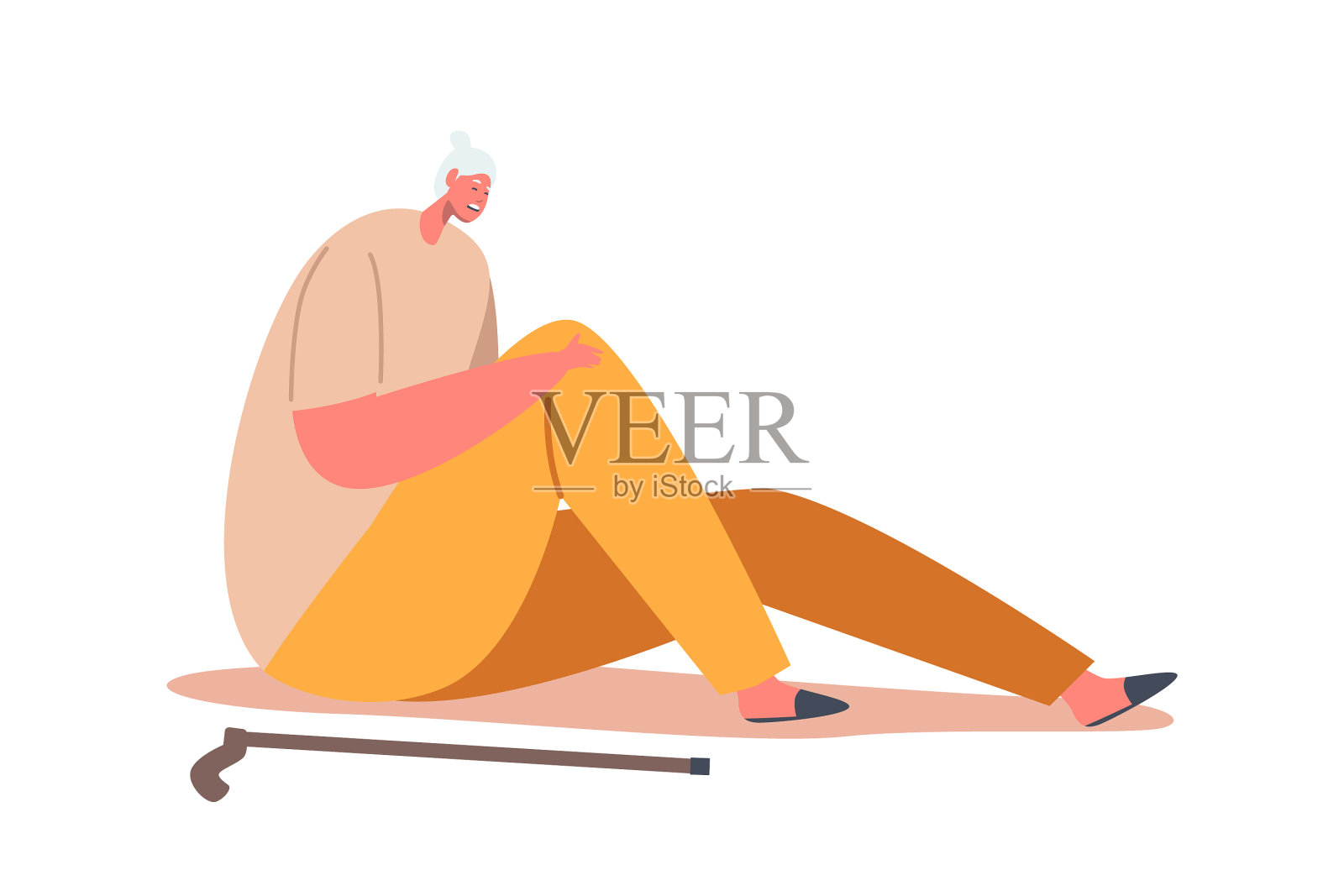 不开心的老妇人拄着拐杖坐在地板上设计元素图片