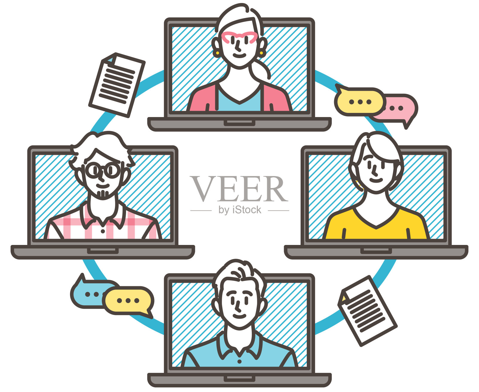 男性和女性商务人士正在进行在线会议[矢量插图]。插画图片素材