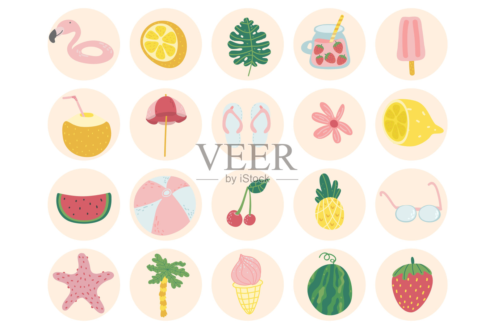 旅行和度假平面设计图标集。收藏旅游和度假矢量符号的圆形插画图片素材