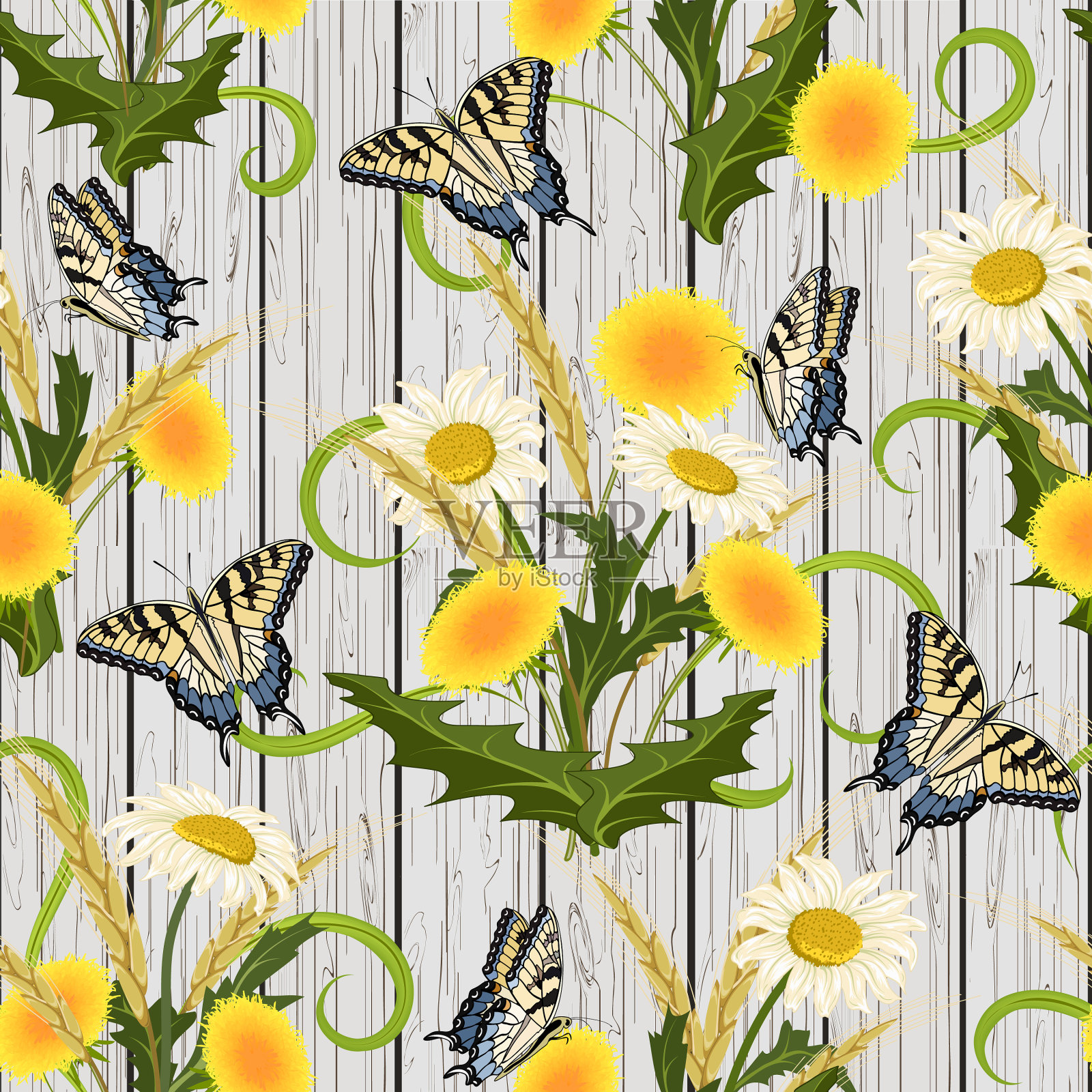 木制背景上的蝴蝶和花朵插画图片素材