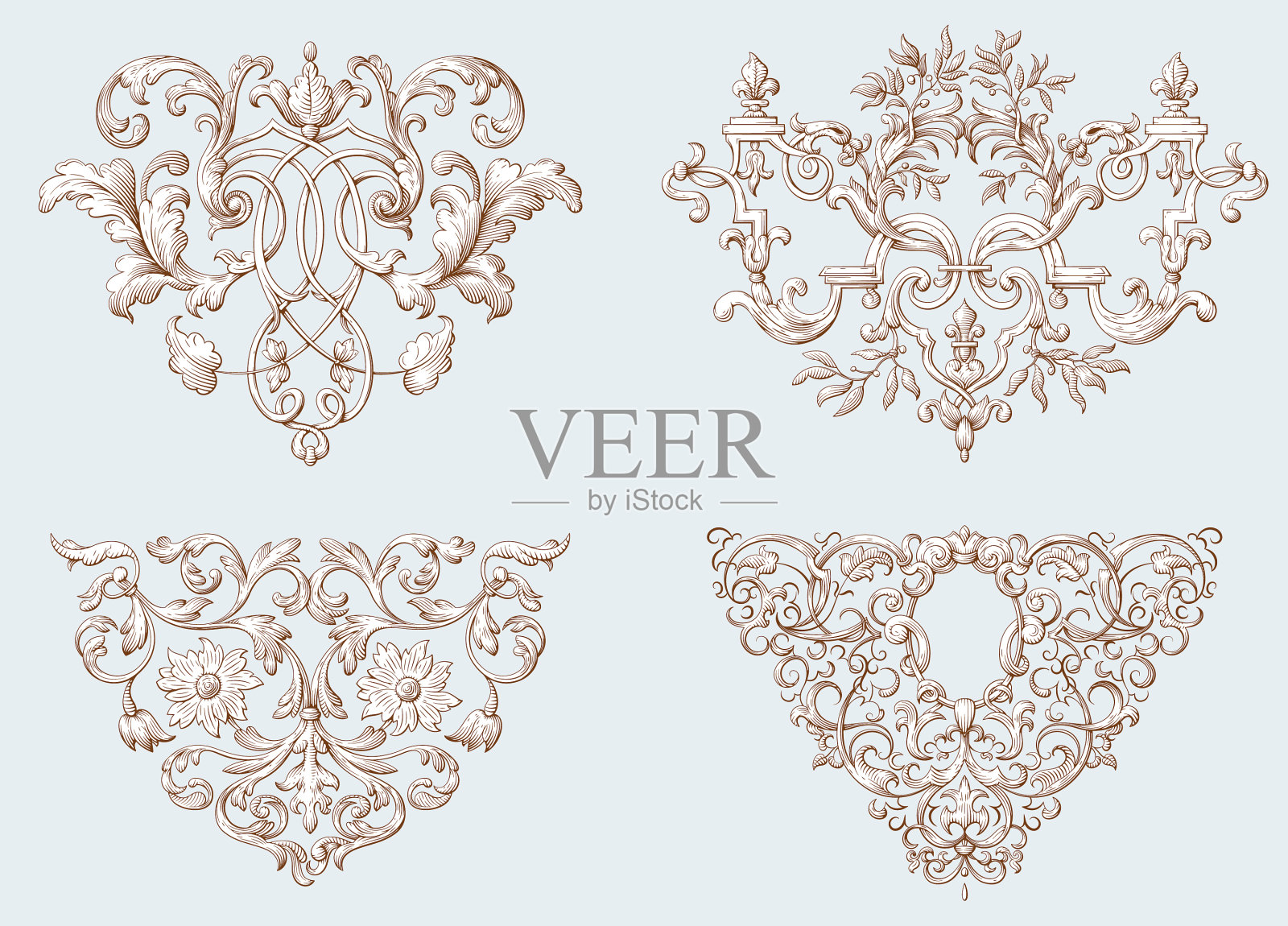 一套仿古雕刻装饰元素插画图片素材