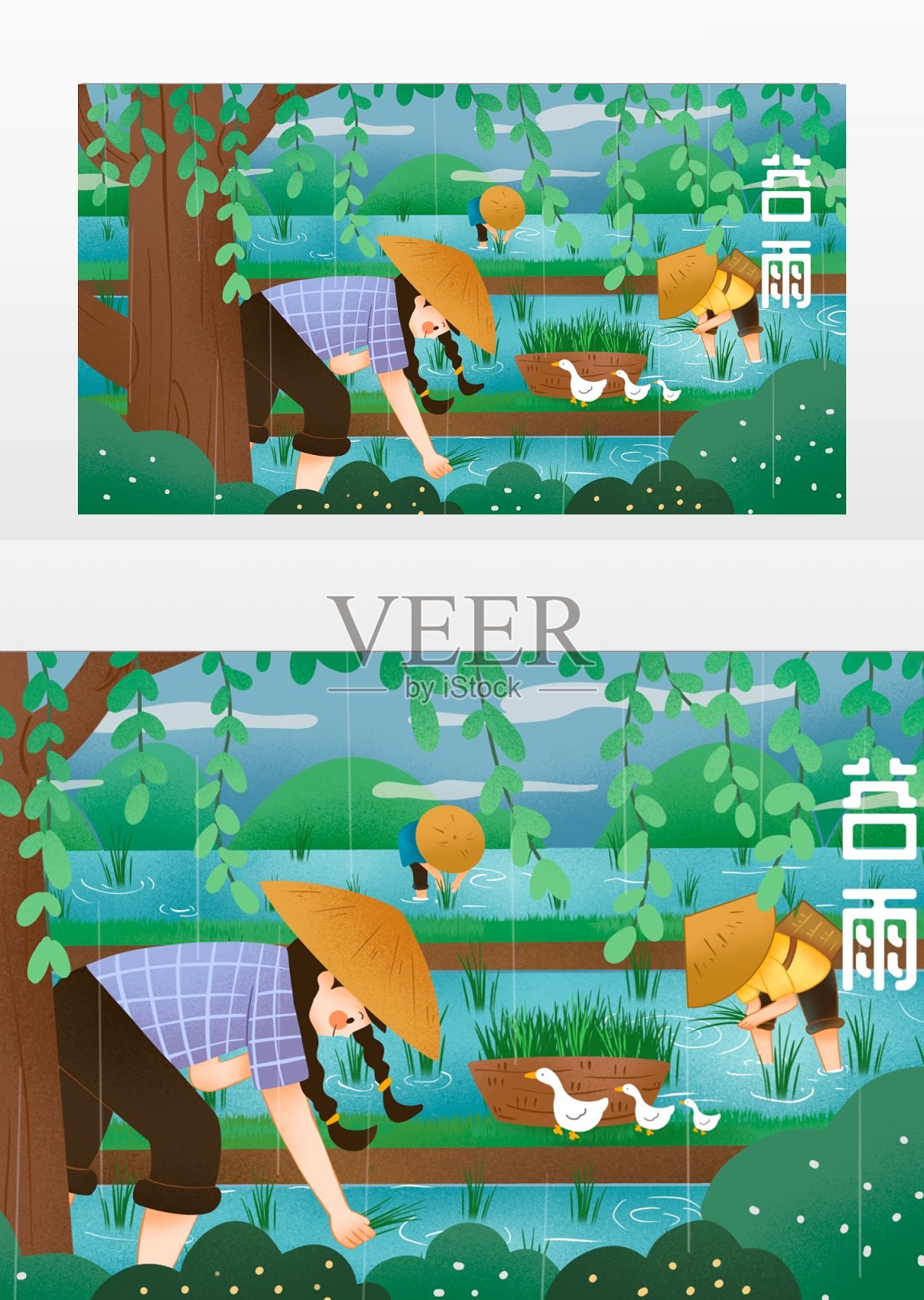 农民插秧手绘人物插画图片素材