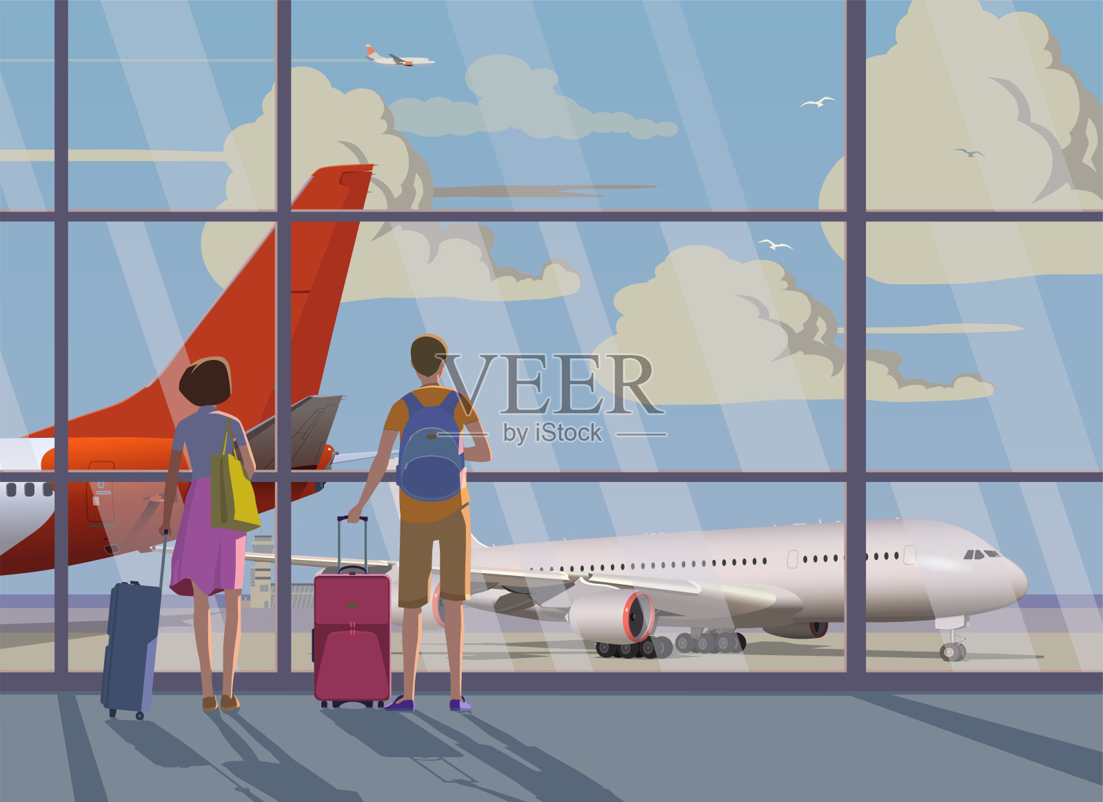 旅客们在机场等着登机，看飞机。向量。插画图片素材