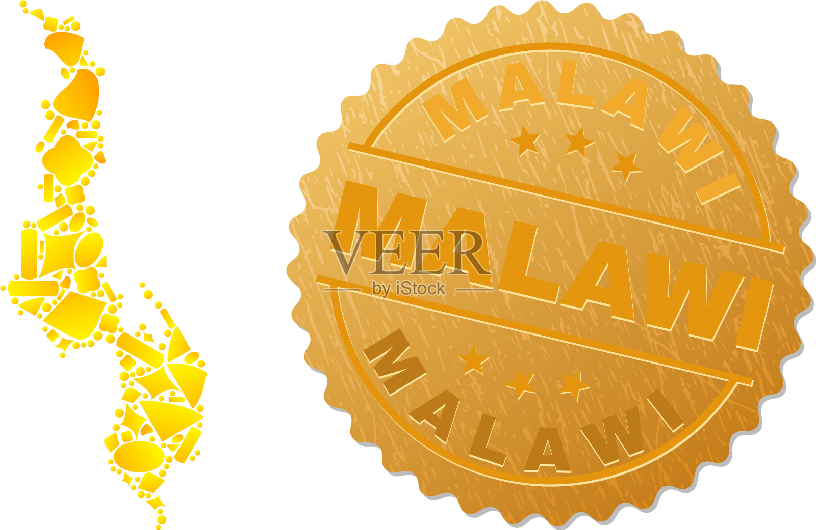 马拉维地图拼贴的金色元素和质感插画图片素材