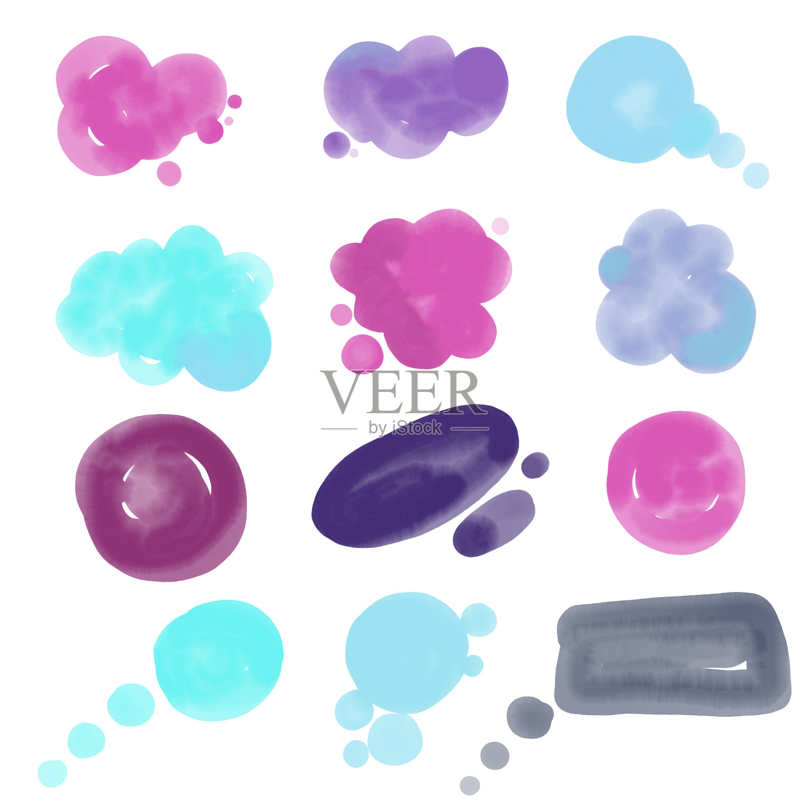 抽象水彩液体形状和斑点设置在白色背景插画图片素材