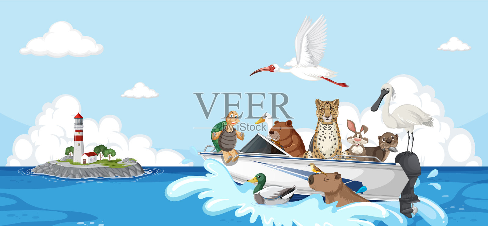 船上有野生动物插画图片素材