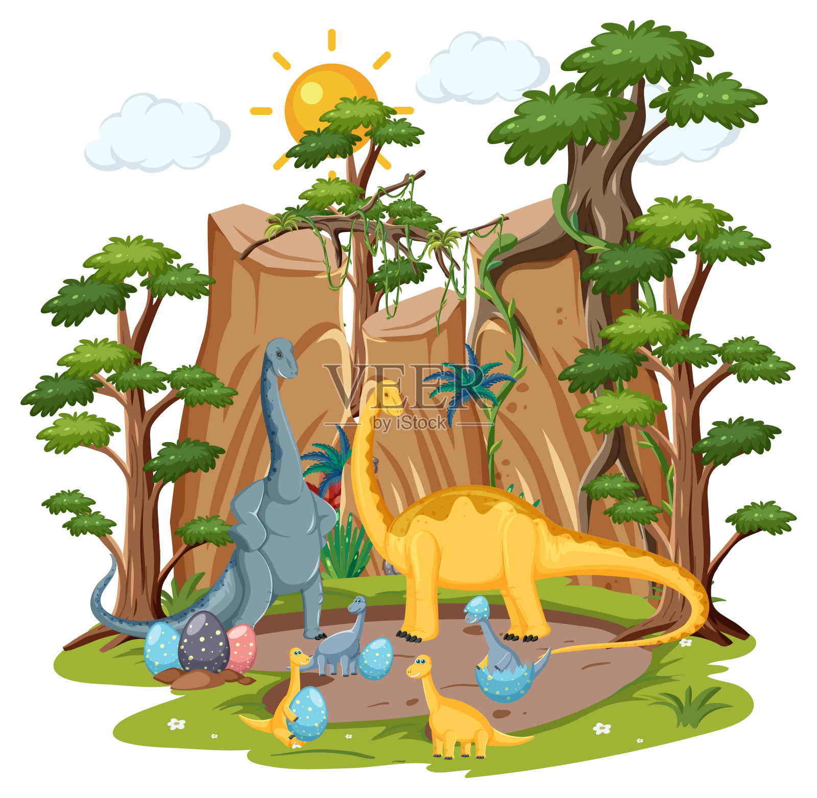 恐龙在森林里与世隔绝插画图片素材