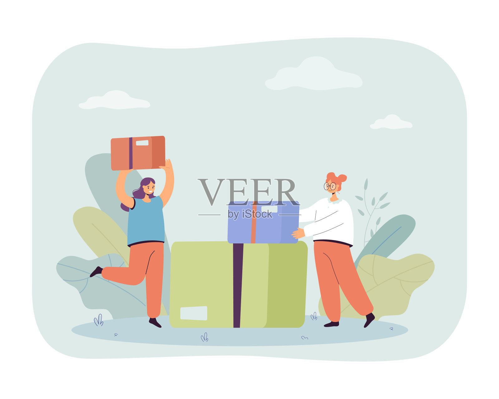 带着大纸箱的小女性角色插画图片素材