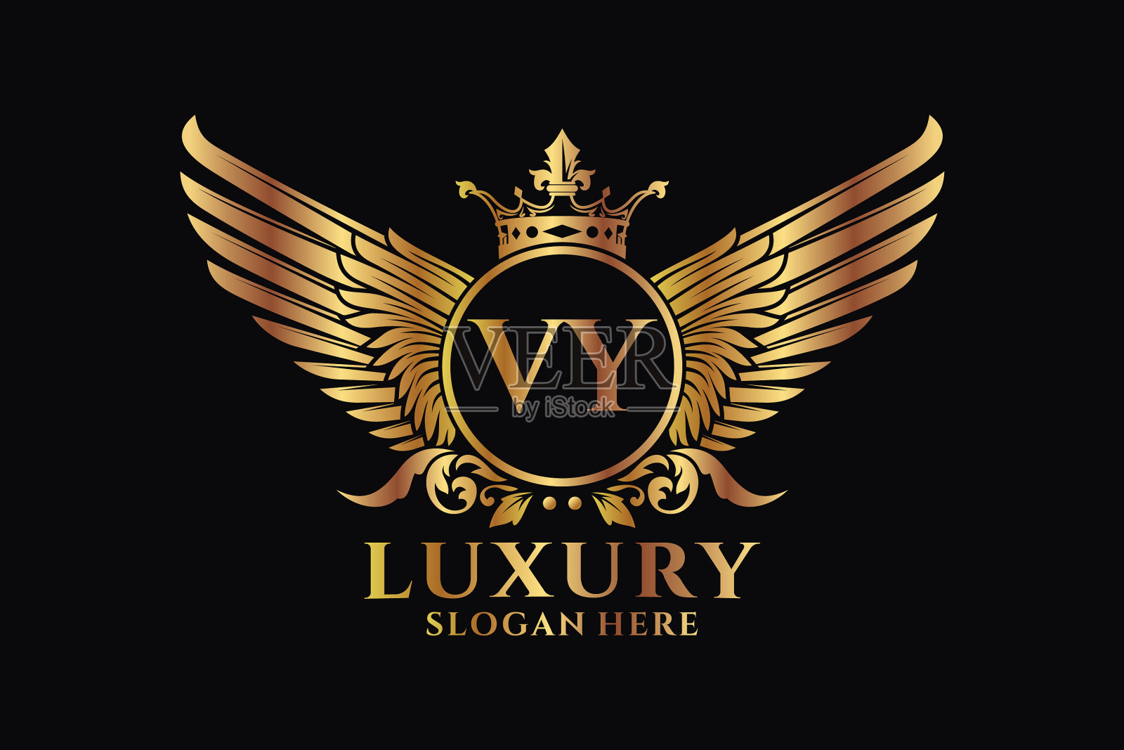 豪华皇家翼字母vy金冠彩色标志插画图片素材